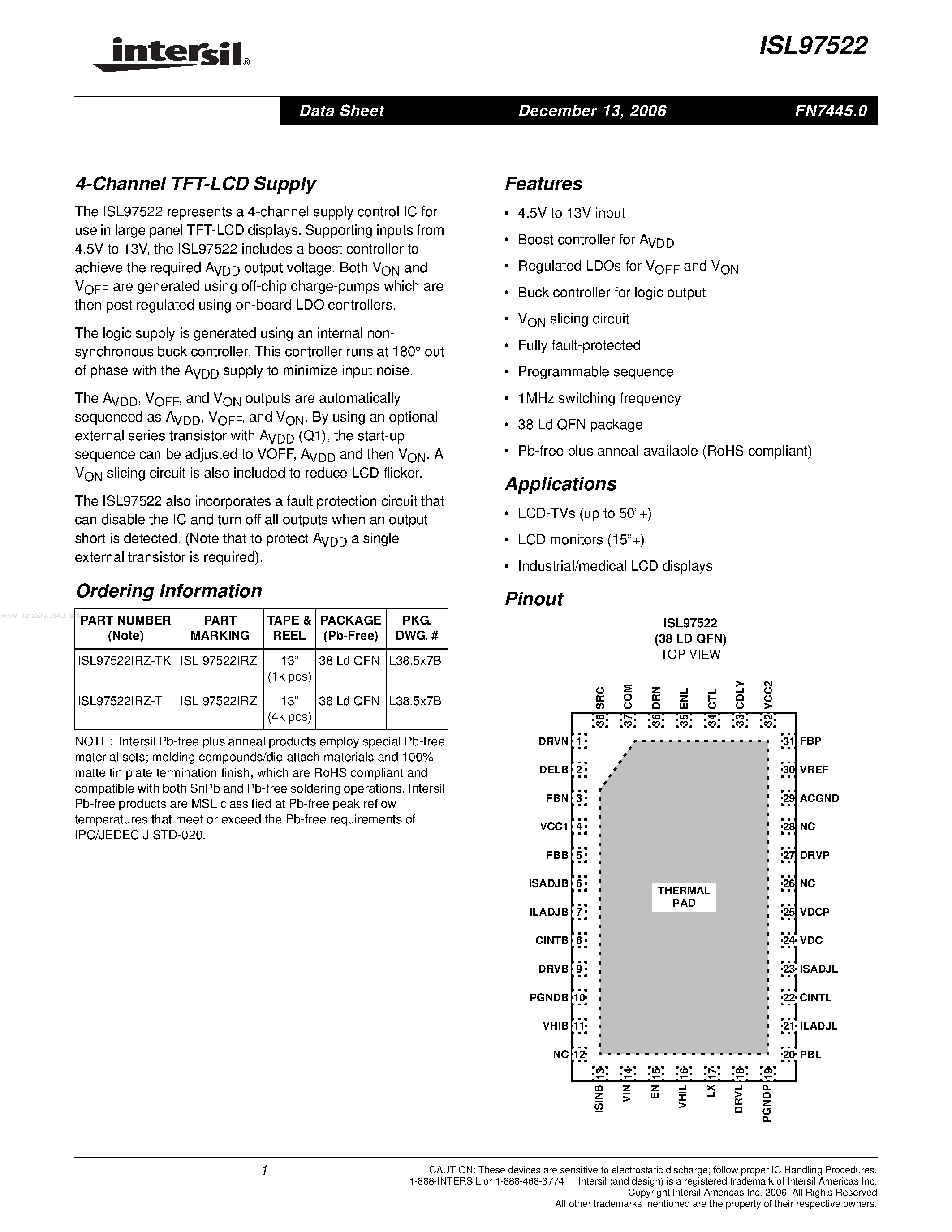 Datasheet ISL97522 - 4-Channel TFT-LCD Supply page 1