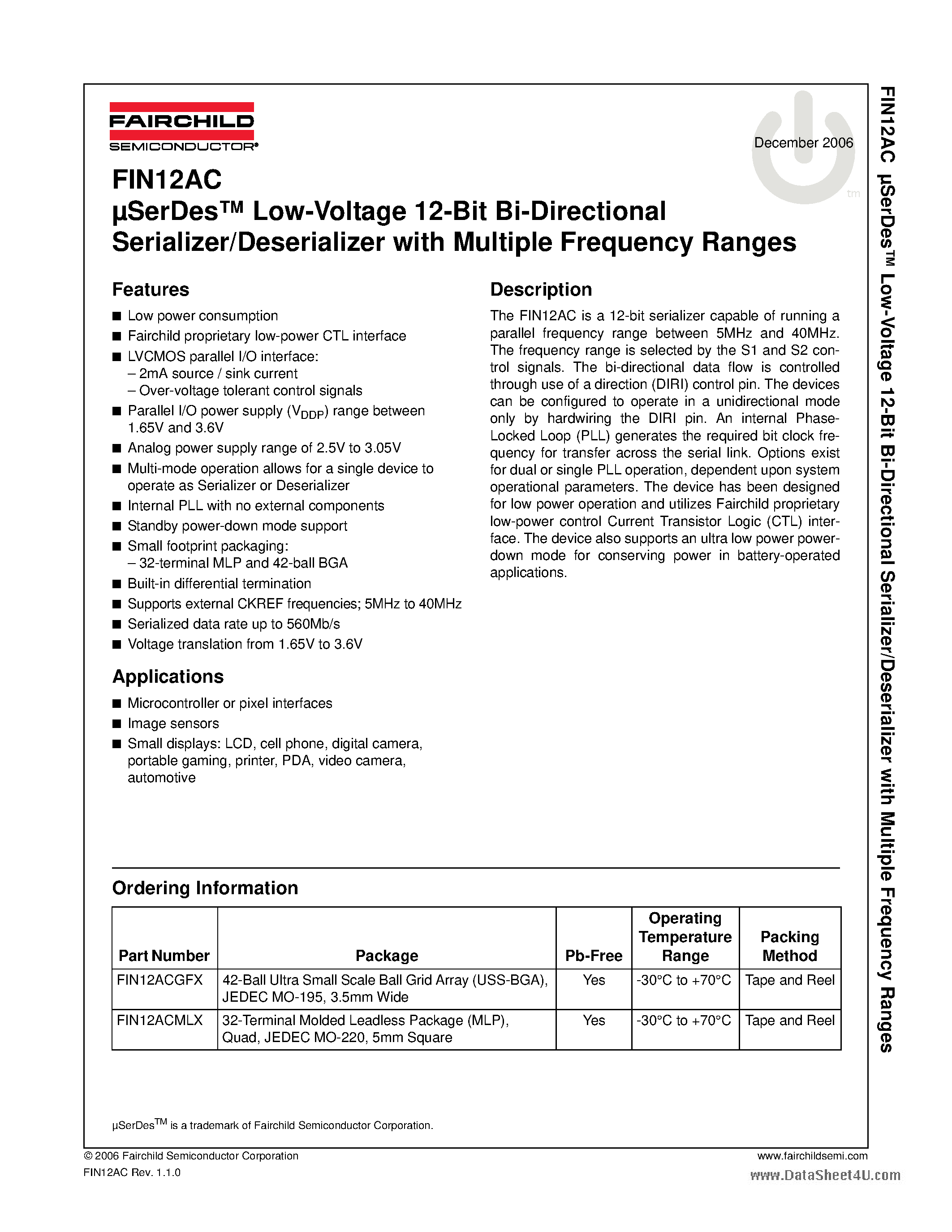 Даташит FIN12AC - uSerDes Low-Voltage 12-Bit Bi-Directional Serializer/Deserializer страница 1