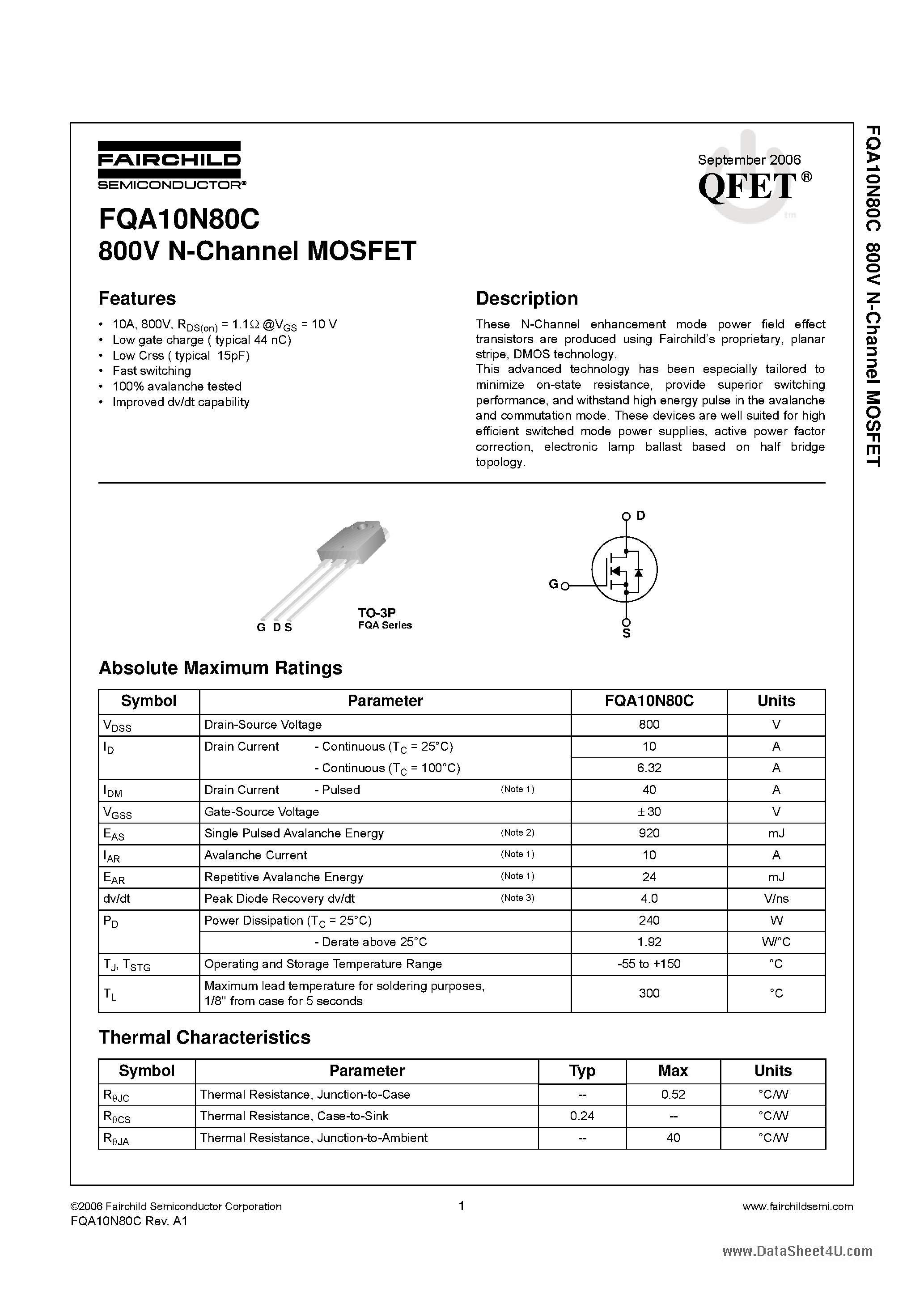 Datasheet FQA10N80C - 800V N-Channel MOSFET page 1