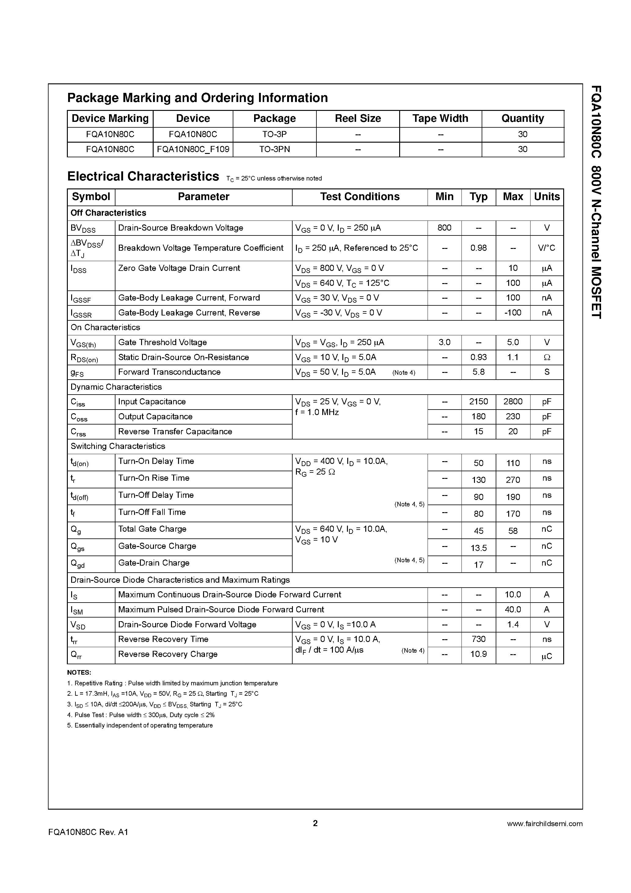 Datasheet FQA10N80C - 800V N-Channel MOSFET page 2