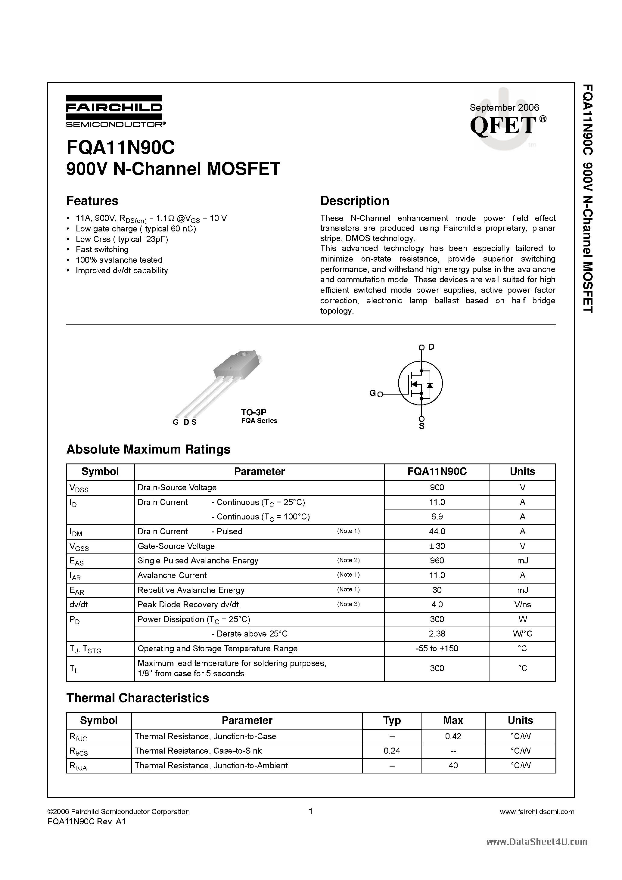 Datasheet FQA11N90C - 900V N-Channel MOSFET page 1