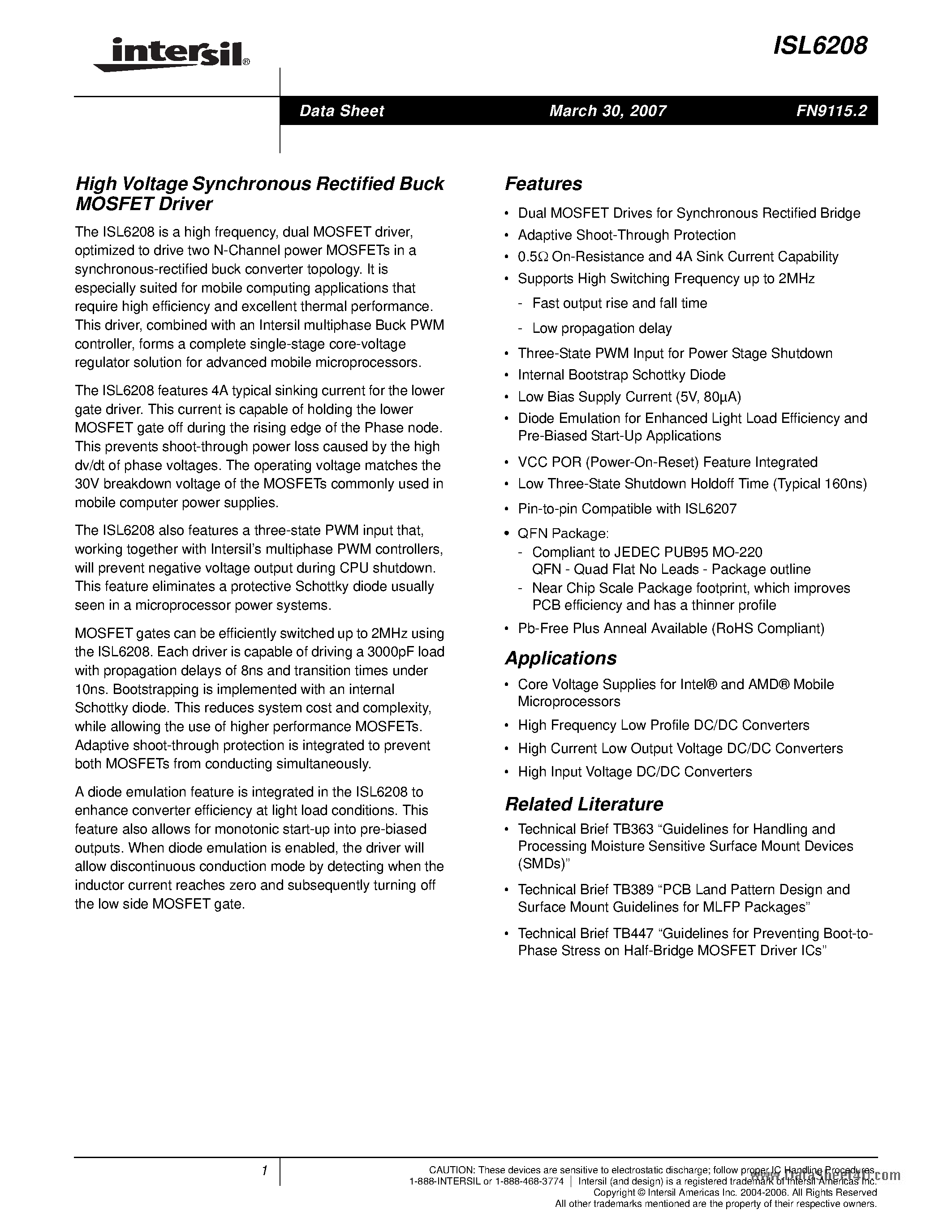 Datasheet ISL6208 - High Voltage Synchronous Rectified Buck MOSFET Driver page 1