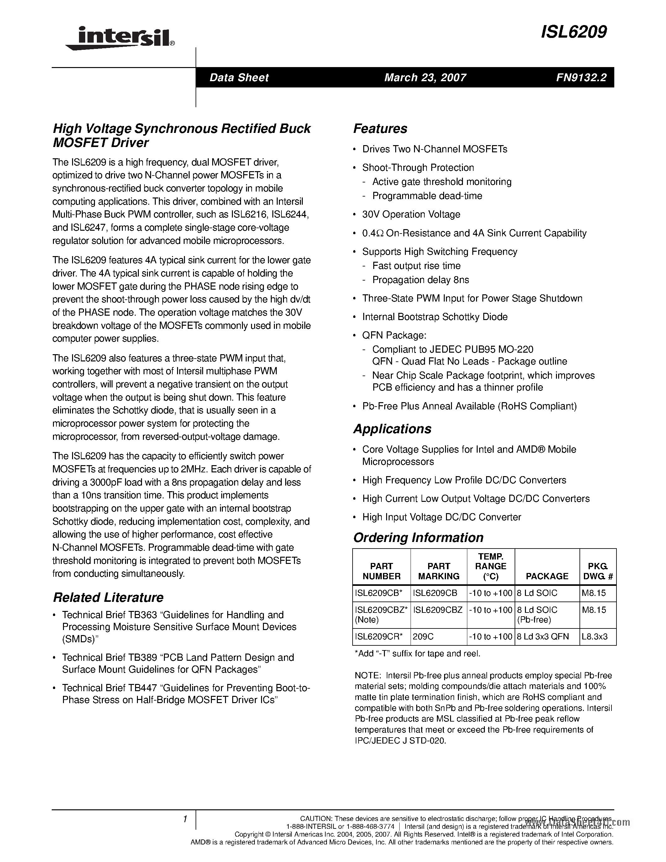 Datasheet ISL6209 - High Voltage Synchronous Rectified Buck MOSFET Driver page 1