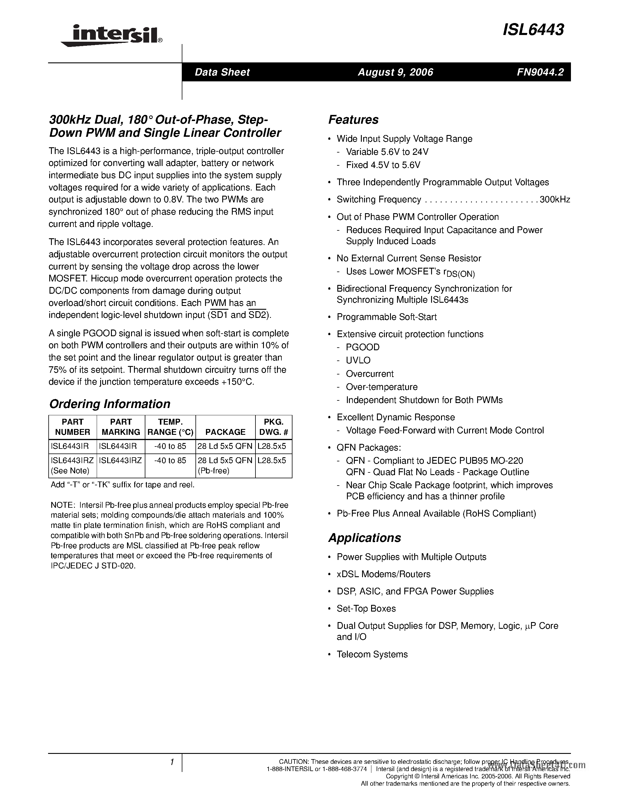 Datasheet ISL6443 - Step- Down PWM and Single Linear Controller page 1