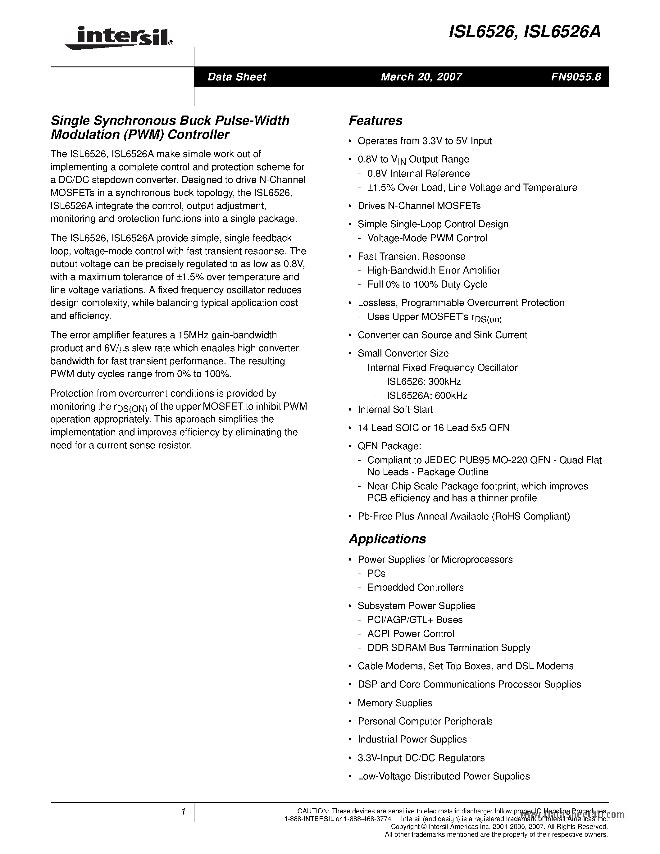 Datasheet ISL6526A - Single Synchronous Buck Pulse-Width Modulation (PWM) Controller page 1