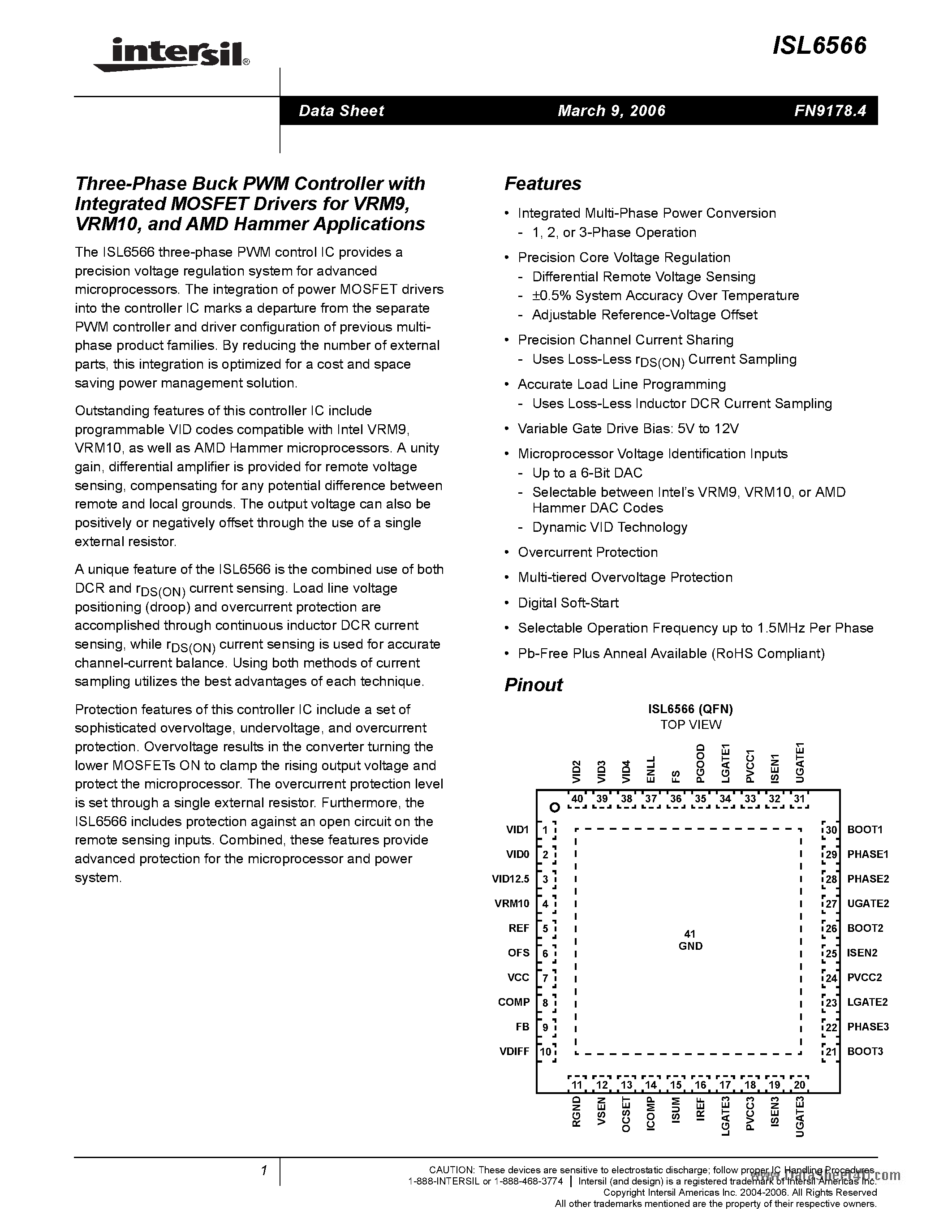 Datasheet ISL6566 - Three-Phase Buck PWM Controller page 1