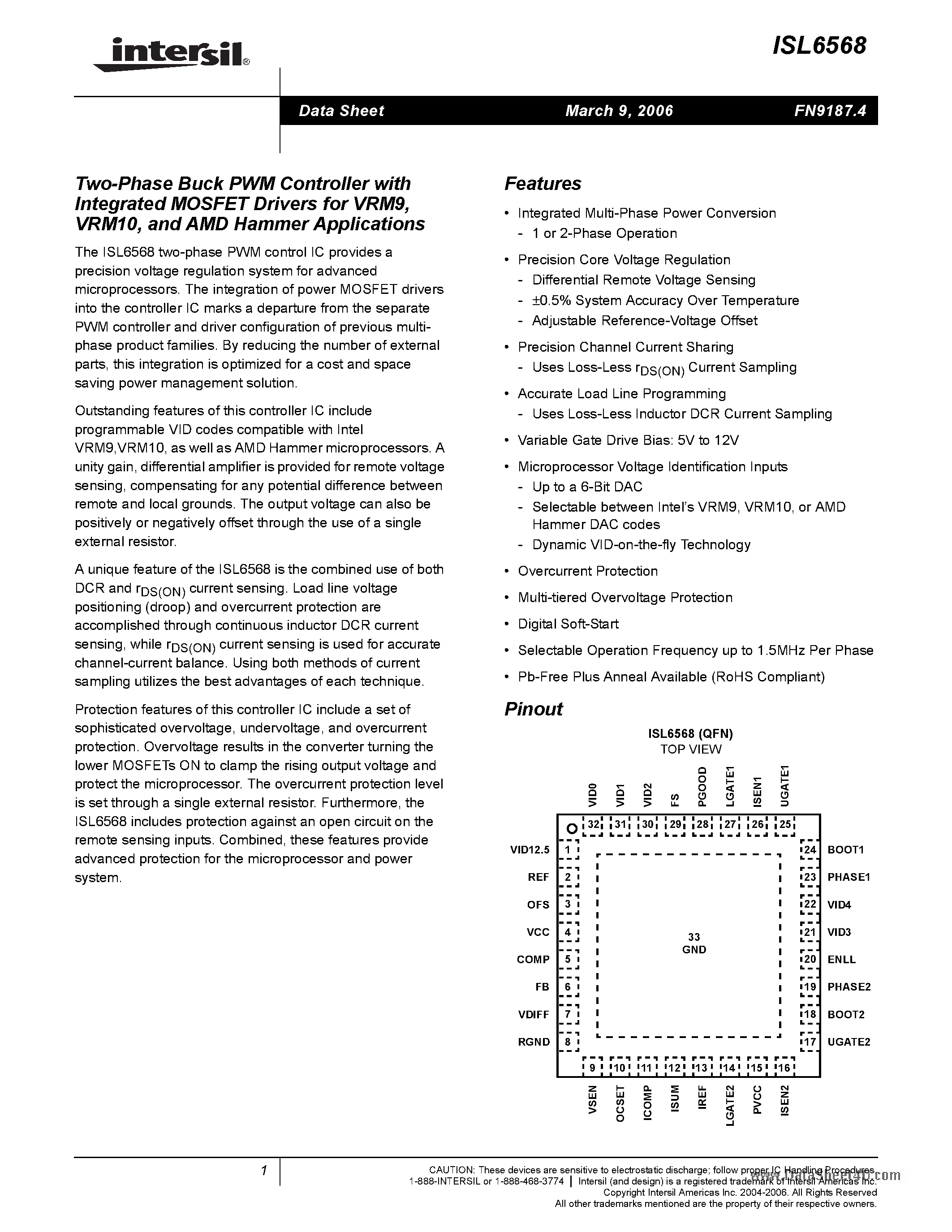 Datasheet ISL6568 - Two-Phase Buck PWM Controller page 1