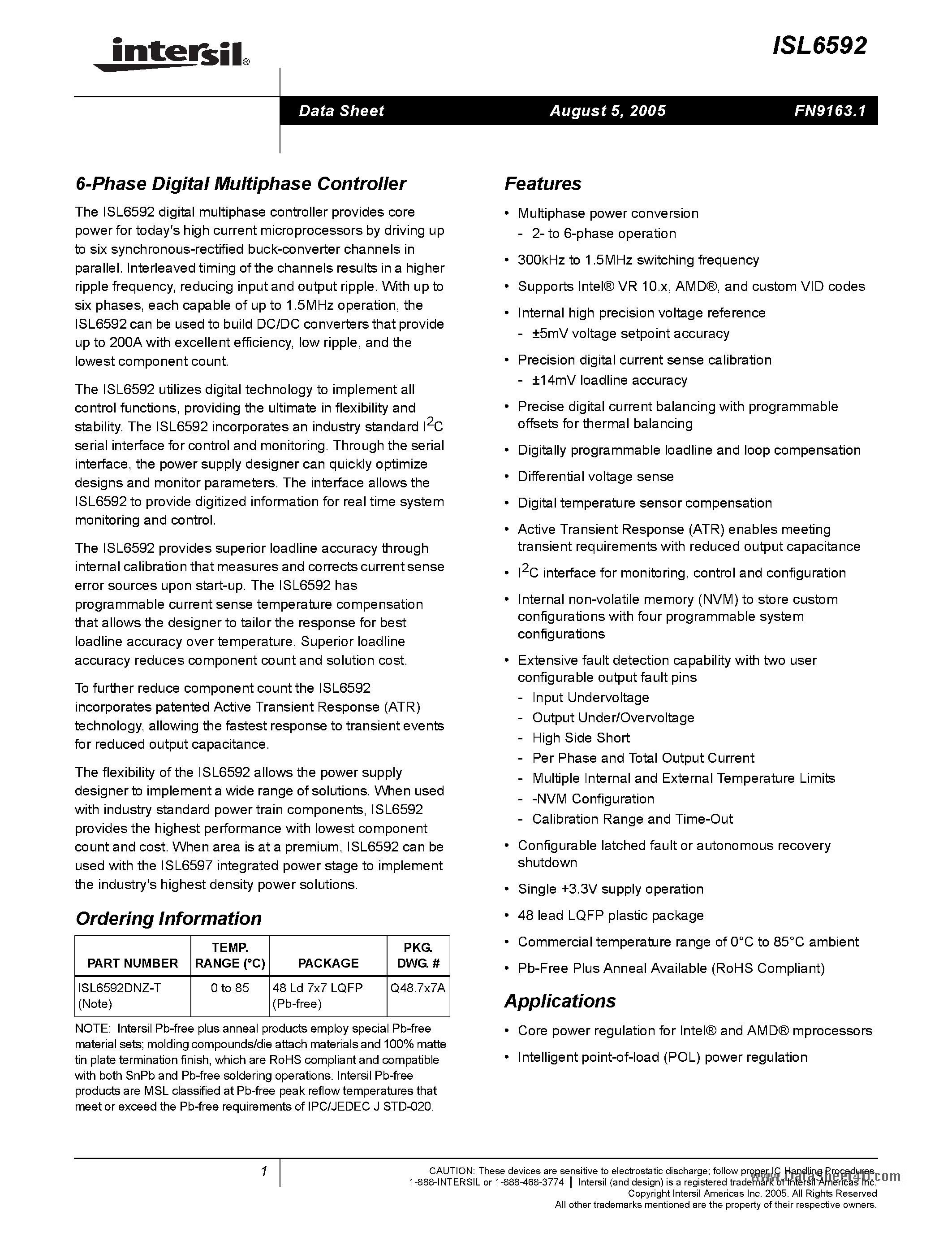 Datasheet ISL6592 - 6-Phase Digital Multiphase Controller page 1