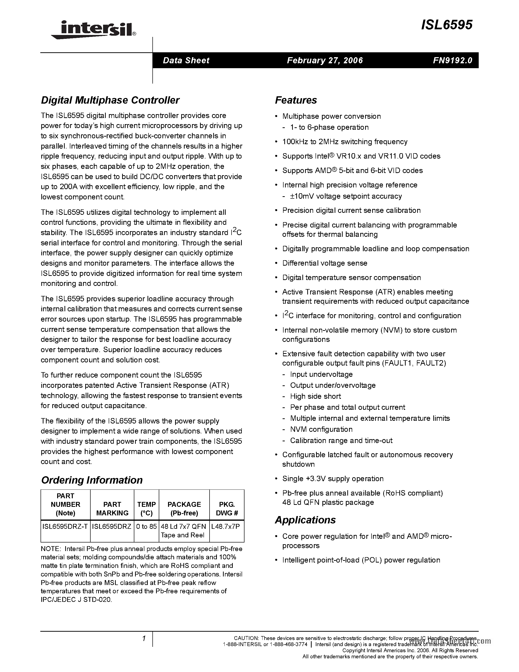 Datasheet ISL6595 - Digital Multiphase Controller page 1