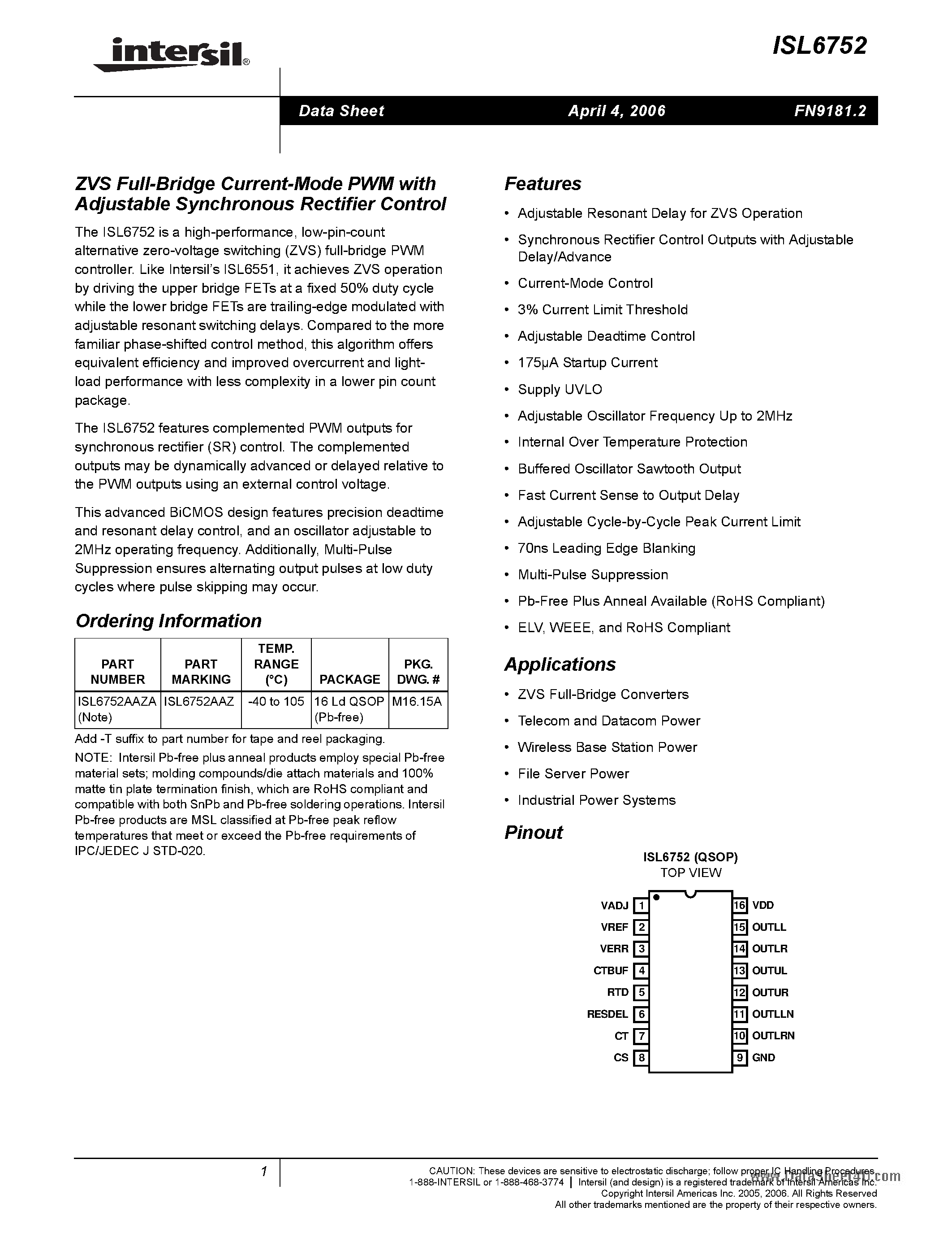 Datasheet ISL6752 - ZVS Full-Bridge Current-Mode PWM page 1