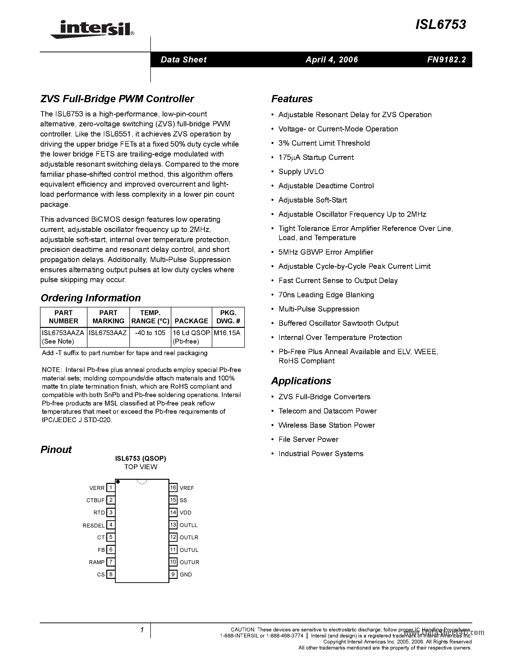 Datasheet ISL6753 - ZVS Full-Bridge PWM Controller page 1