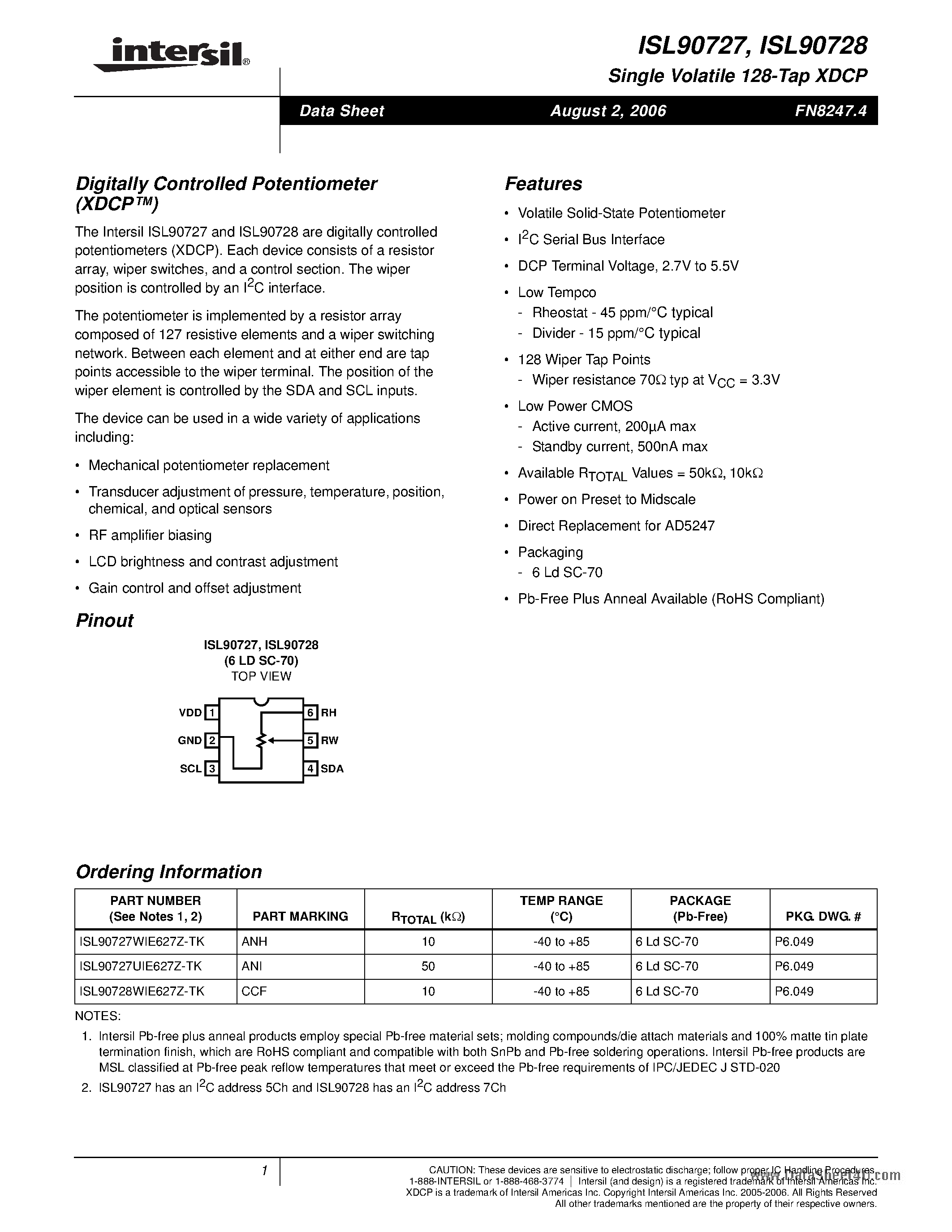 Datasheet ISL90728 - Digitally Controlled Potentiometer page 1