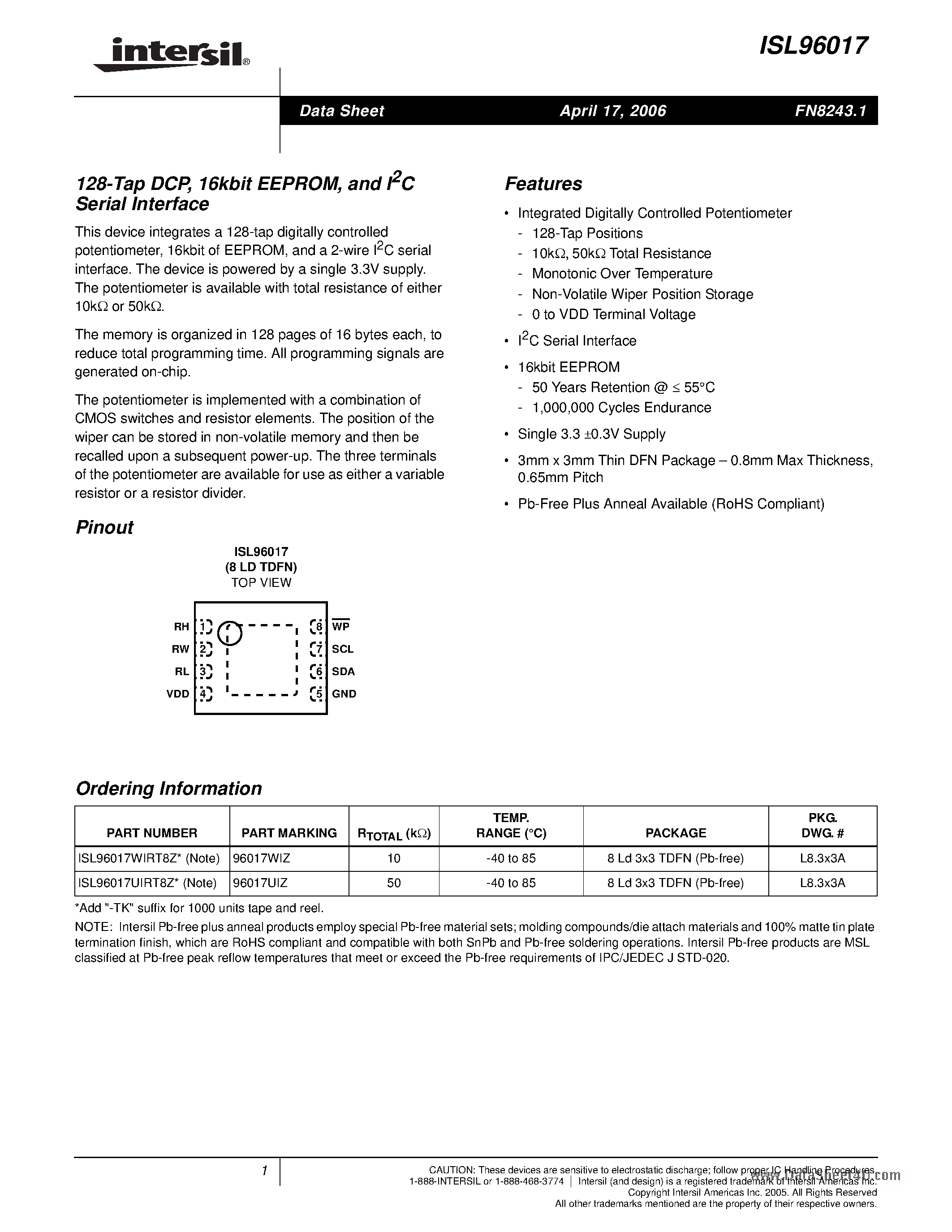 Datasheet ISL96017 - 128-Tap DCP / 16kbit EEPROM and I2C Serial Interface page 1