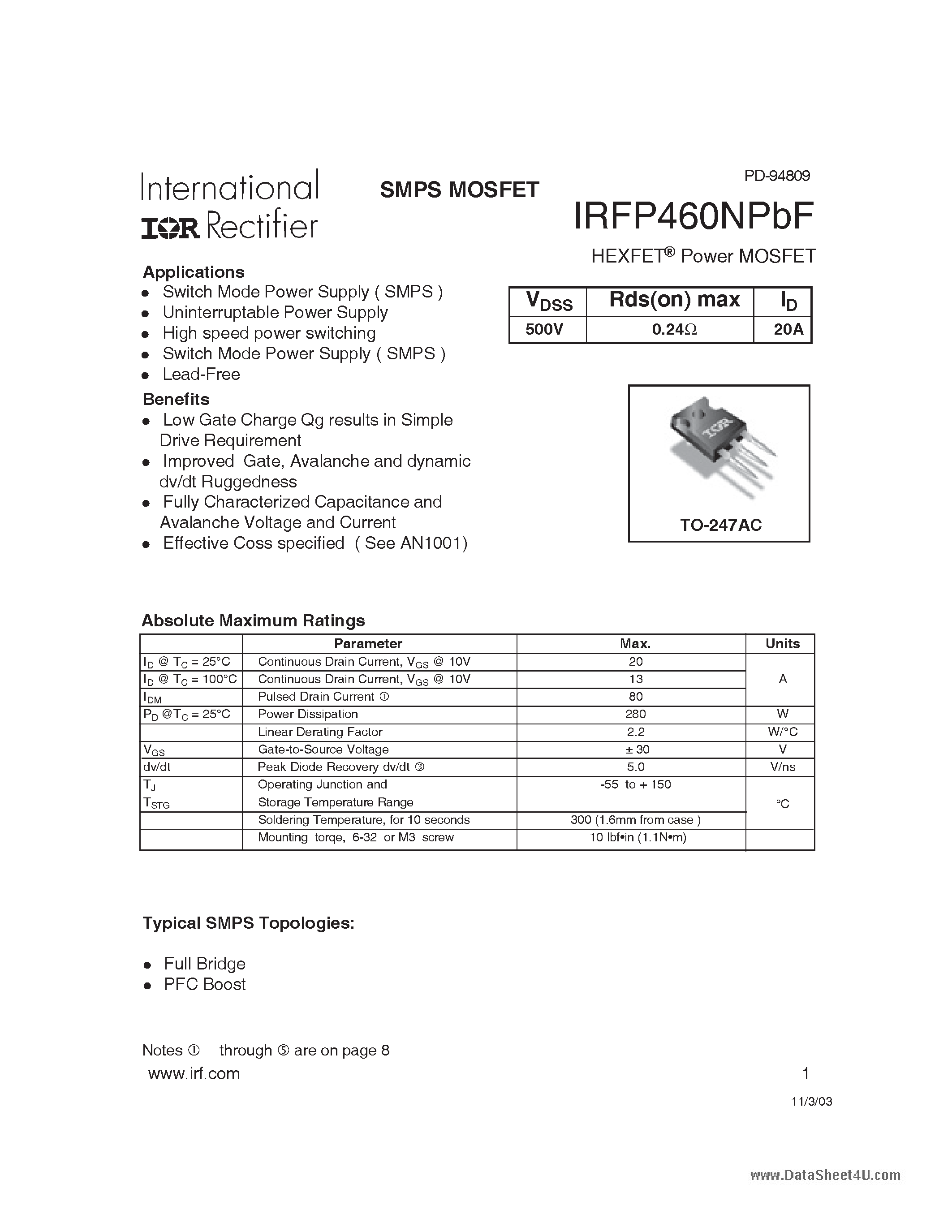 Datasheet IRFP460NPBF - HEXFET Power MOSFET page 1