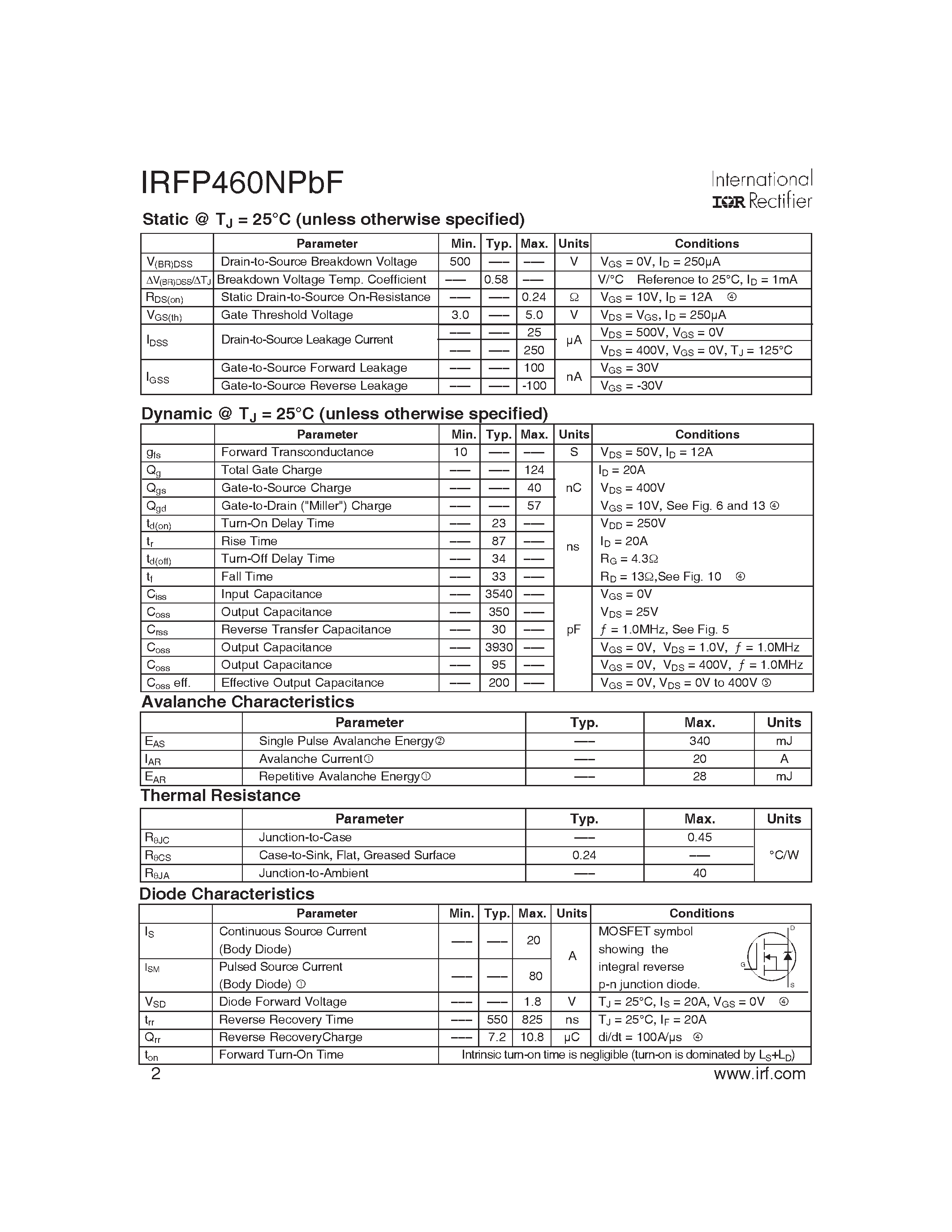 Datasheet IRFP460NPBF - HEXFET Power MOSFET page 2