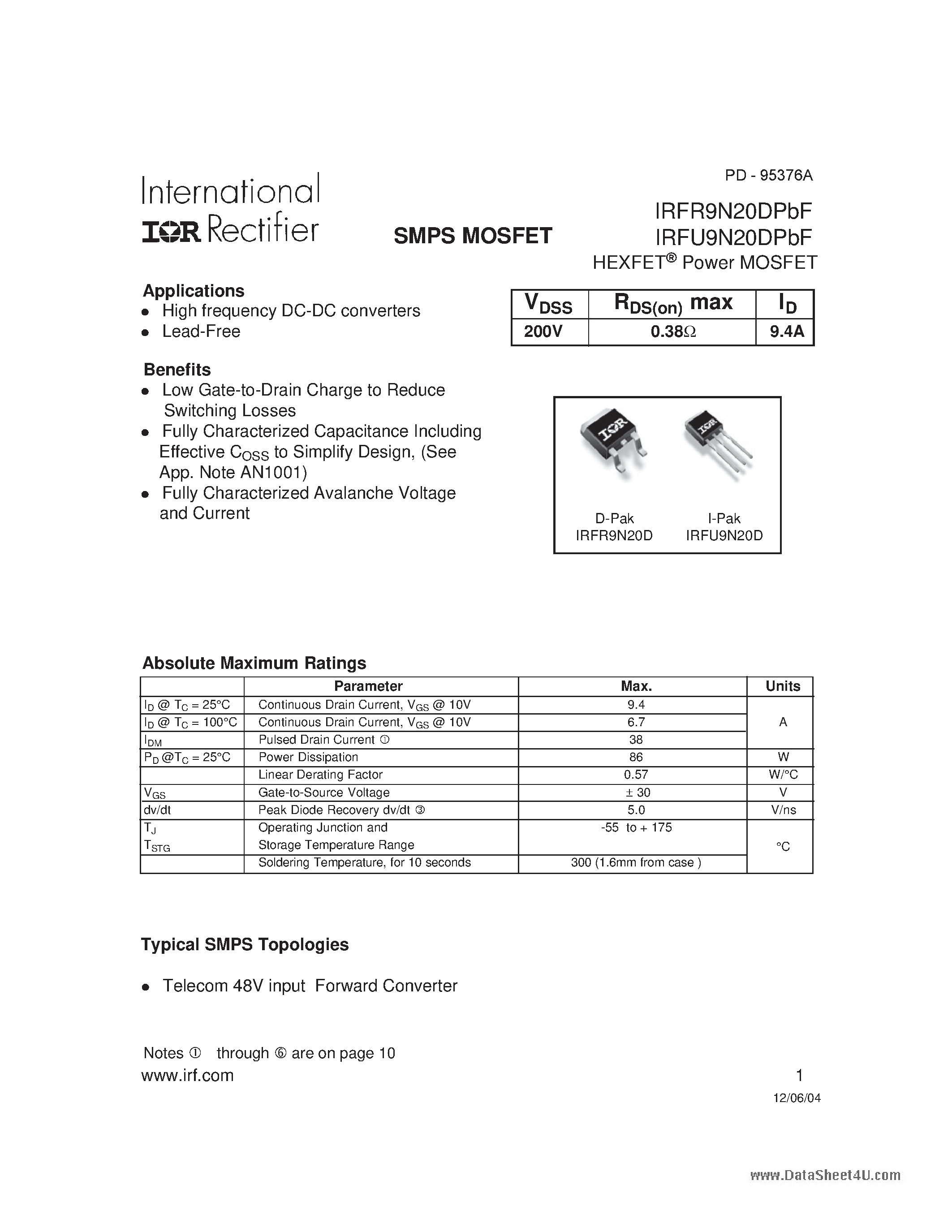 Даташит IRFR9N20DPBF - HEXFET Power MOSFET страница 1