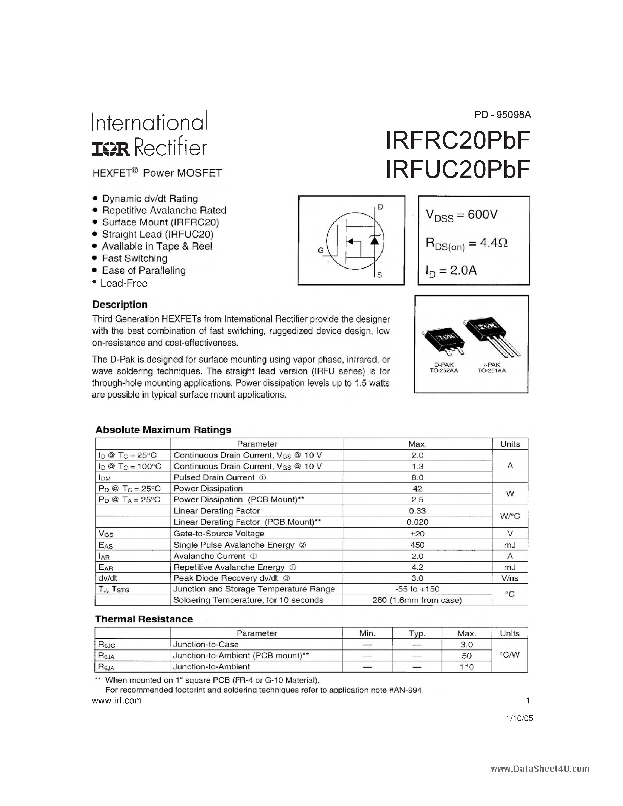 Даташит IRFRC20PBF - HEXFET Power MOSFET страница 1