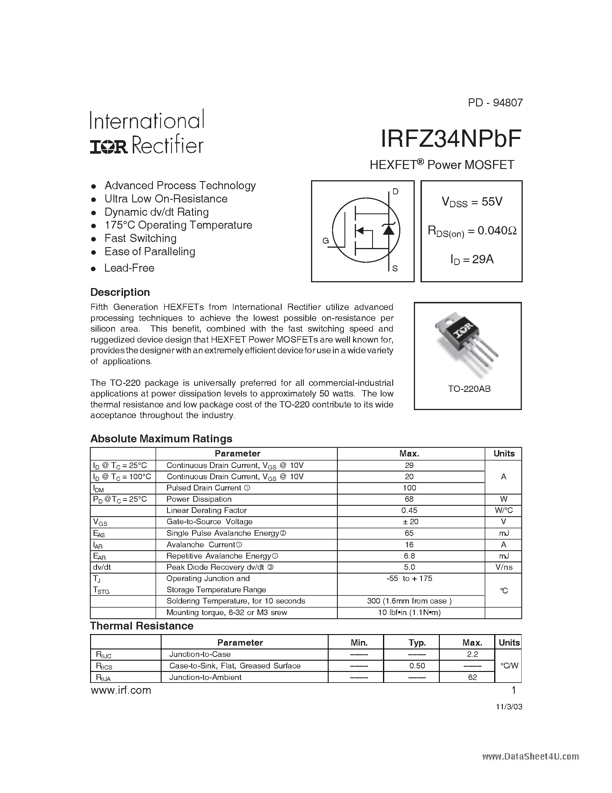 Даташит IRFZ34NPBF - HEXFET Power MOSFET страница 1