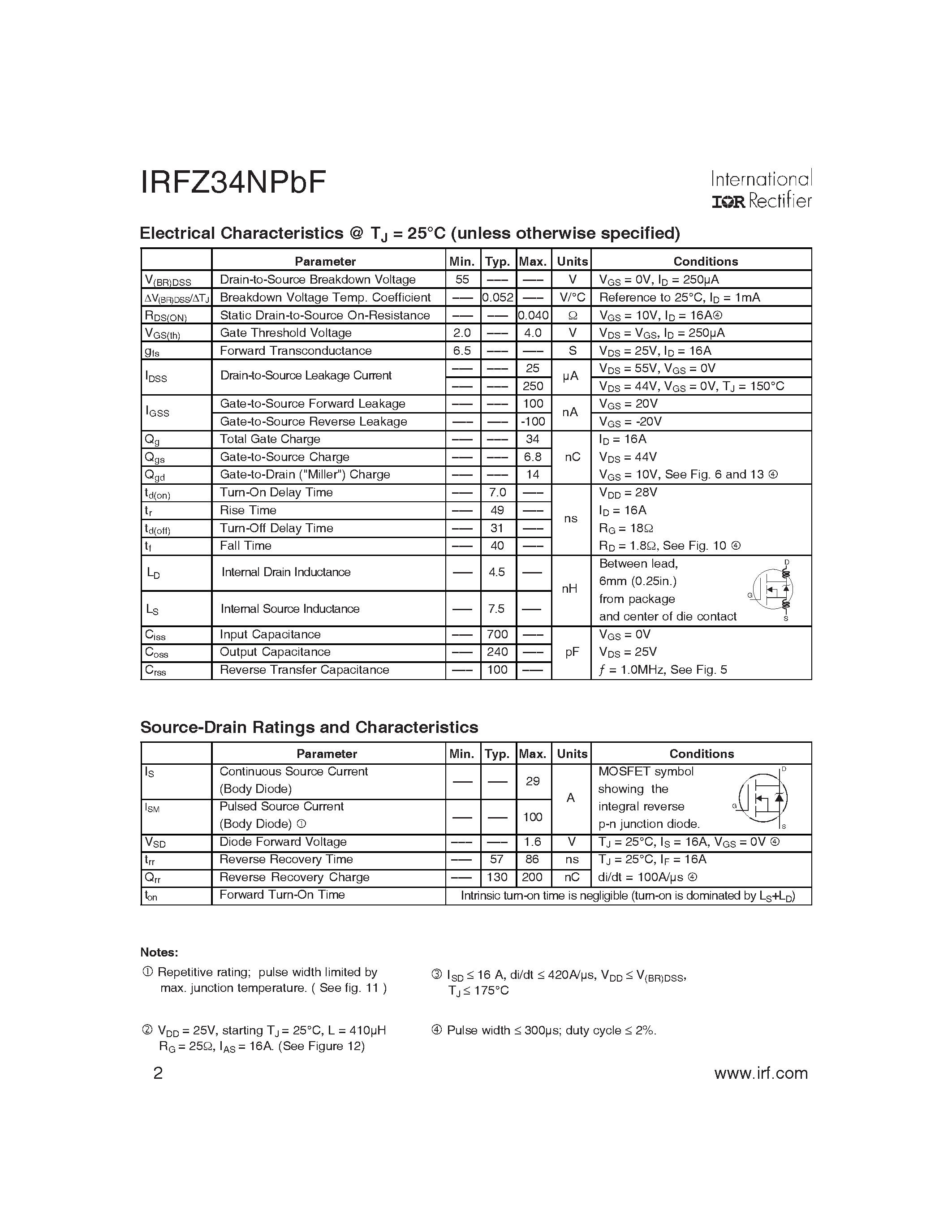 Даташит IRFZ34NPBF - HEXFET Power MOSFET страница 2