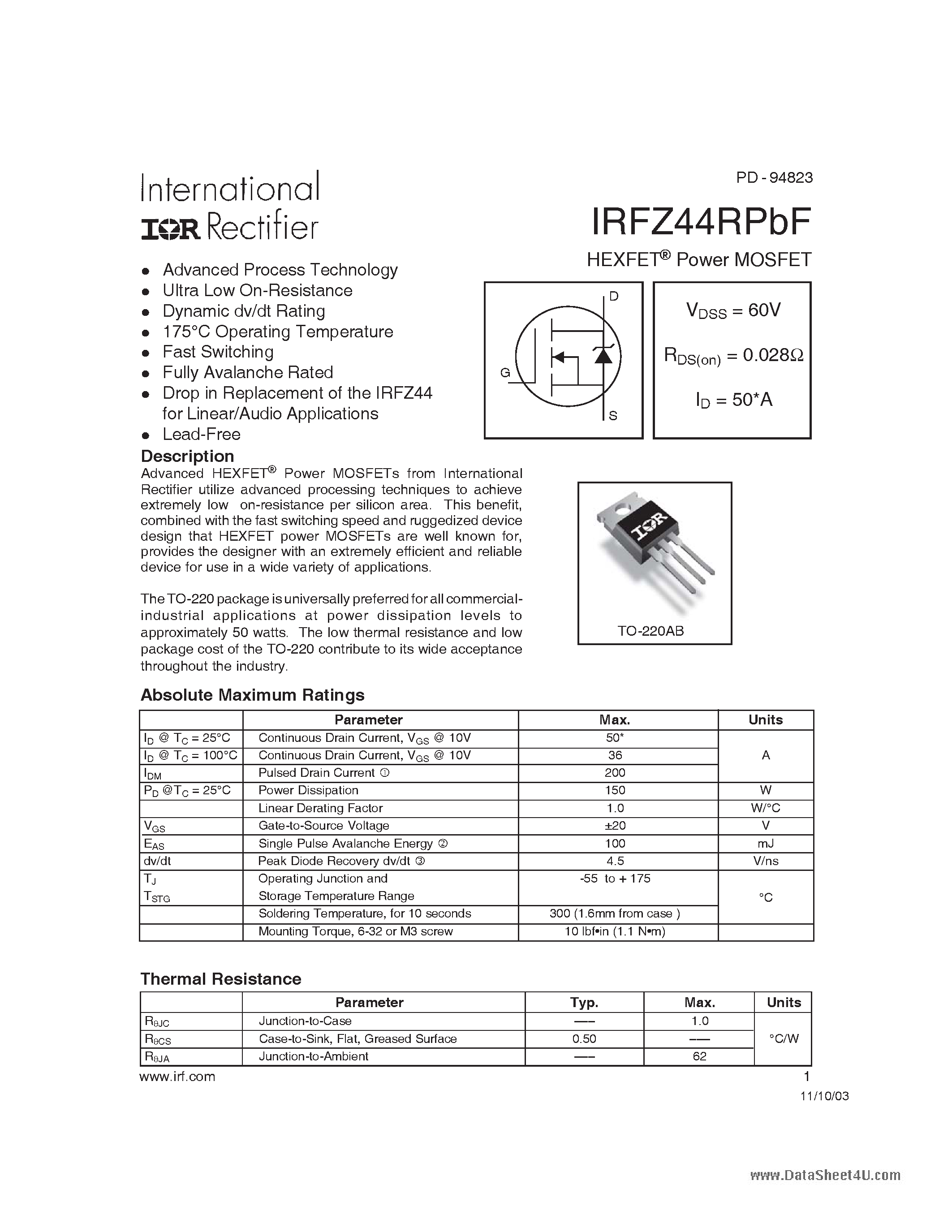 Даташит IRFZ44RPBF - HEXFET Power MOSFET страница 1