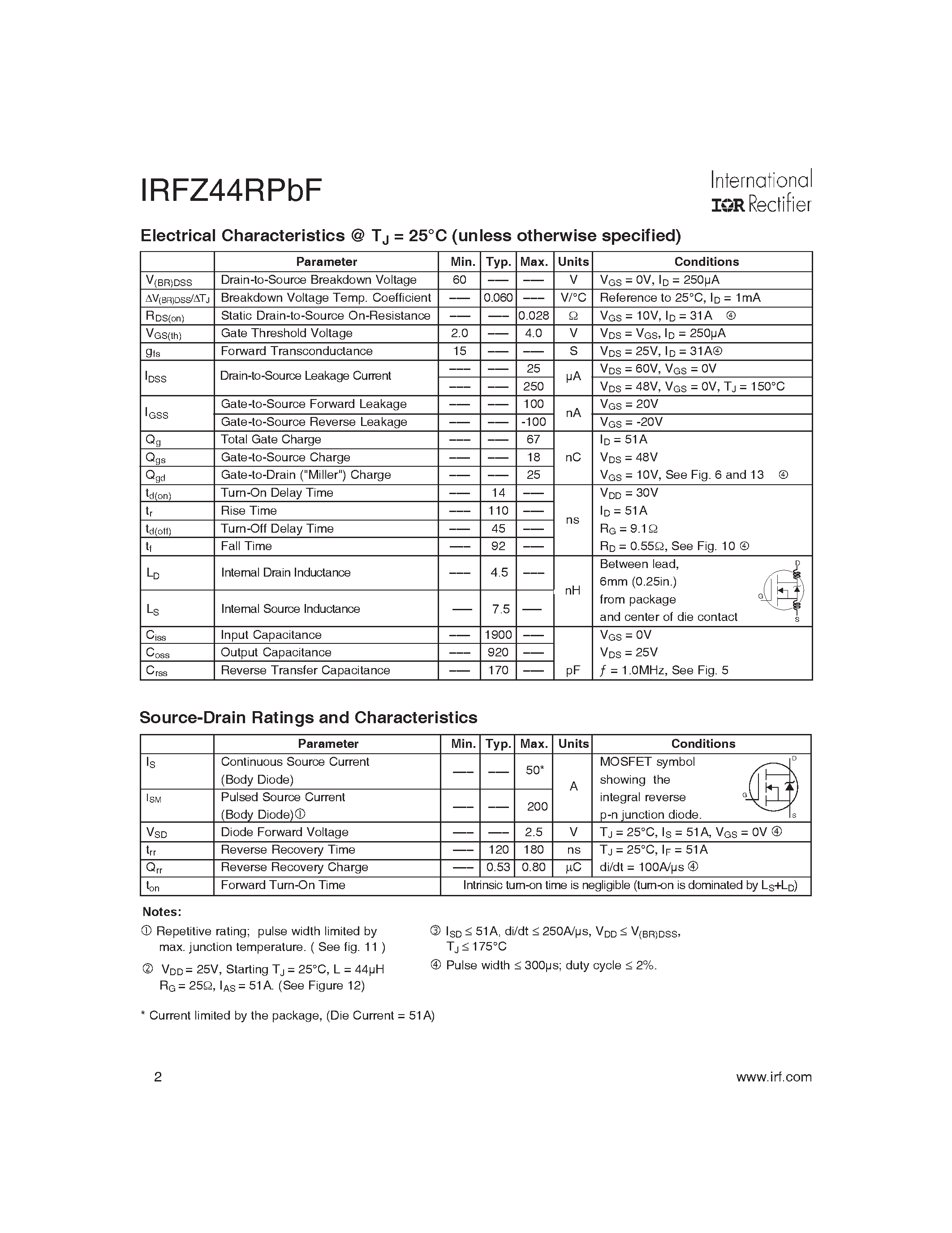 Даташит IRFZ44RPBF - HEXFET Power MOSFET страница 2