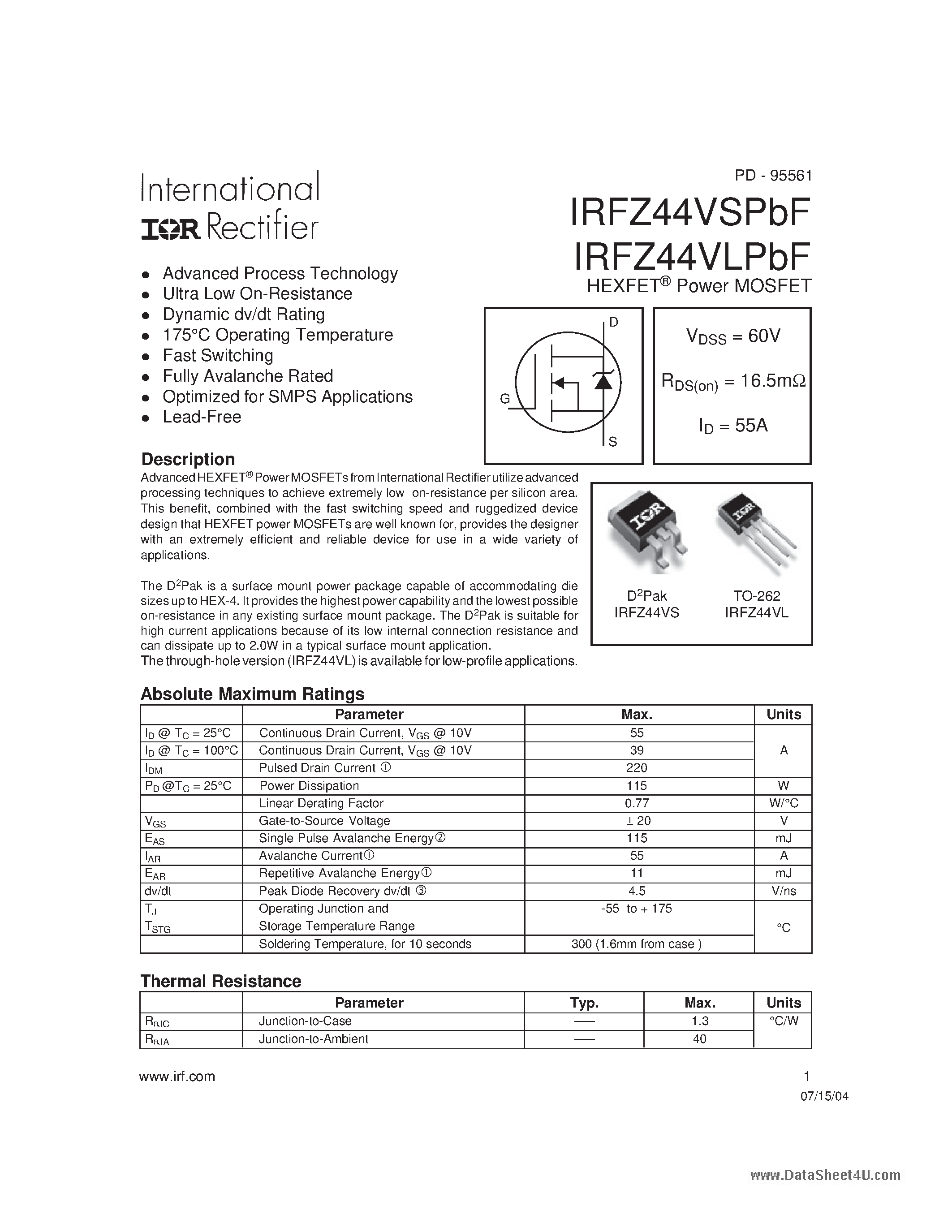 Даташит IRFZ44VLPbF - HEXFET Power MOSFET страница 1