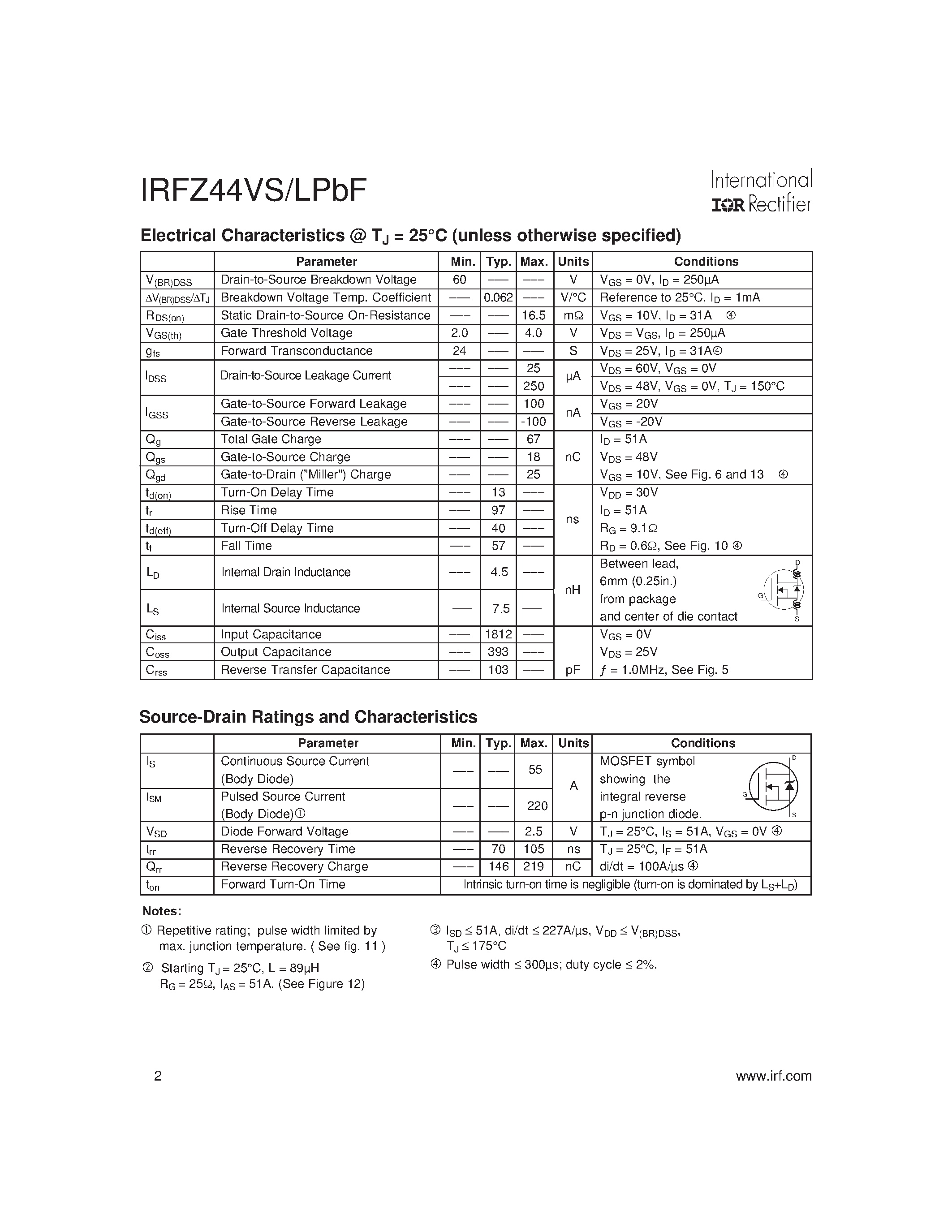 Даташит IRFZ44VLPbF - HEXFET Power MOSFET страница 2