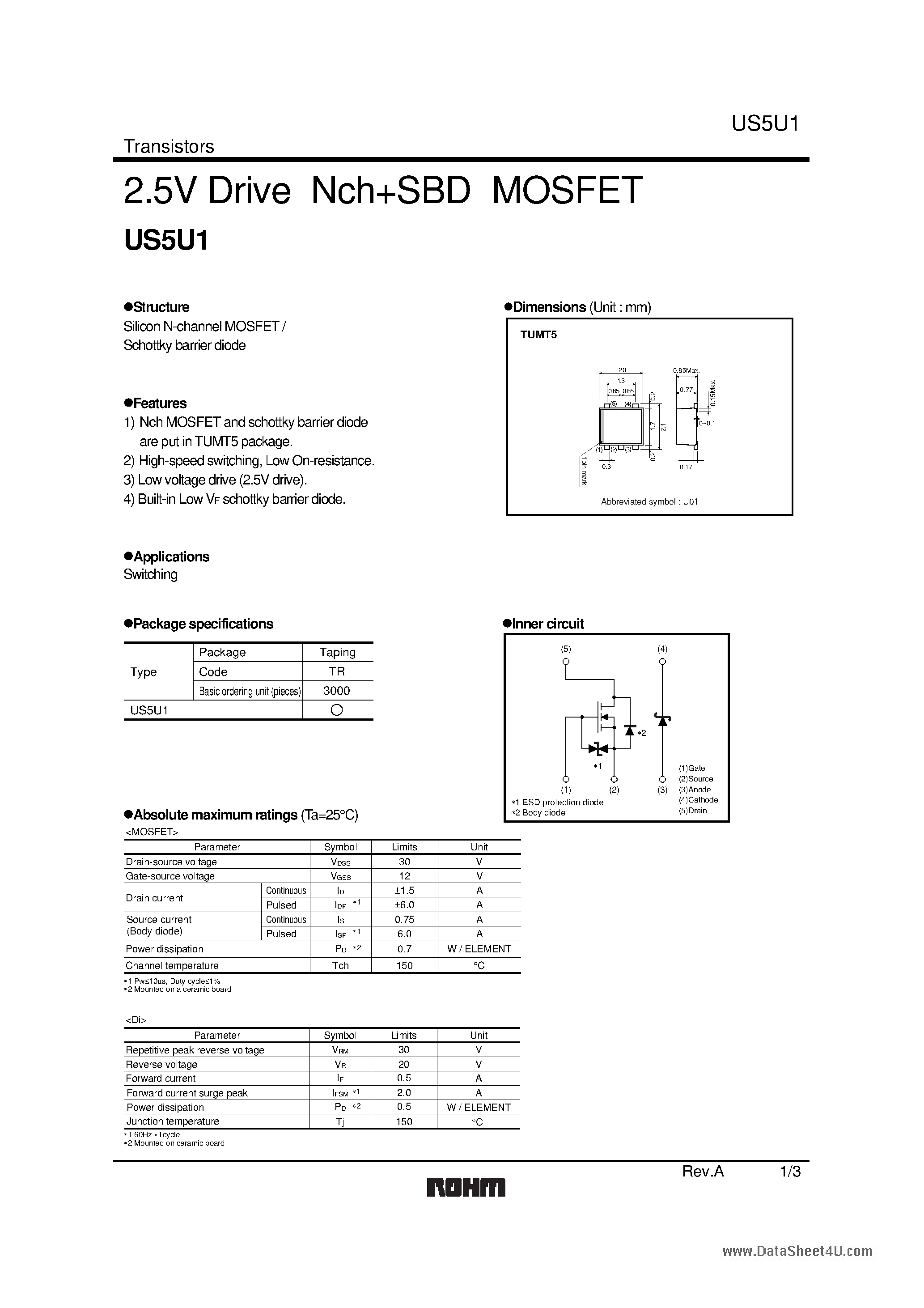 Даташит US5U1 - 2.5V Drive Nch+SBD MOSFET страница 1