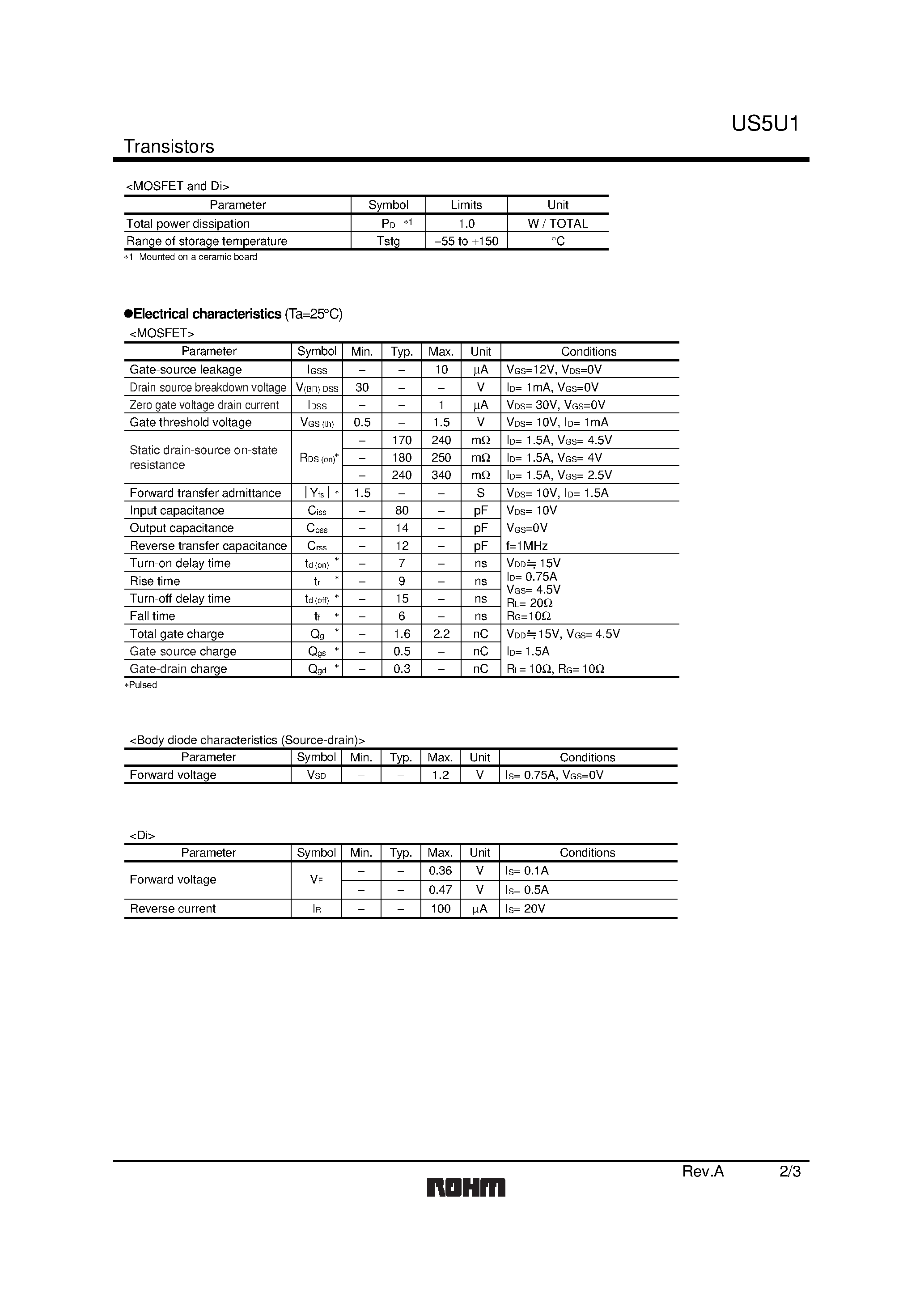 Даташит US5U1 - 2.5V Drive Nch+SBD MOSFET страница 2