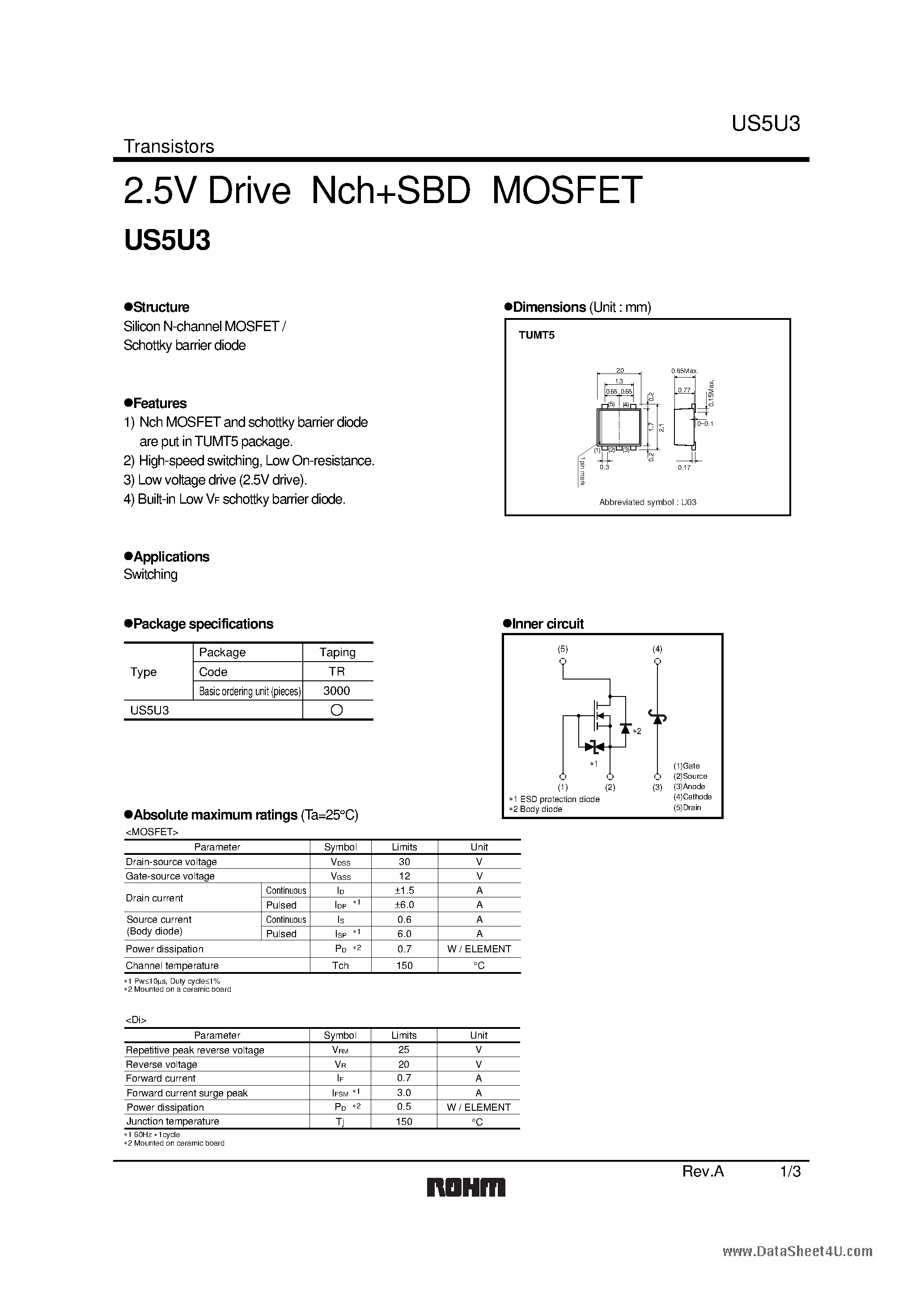 Даташит US5U3 - 2.5V Drive Nch+SBD MOSFET страница 1