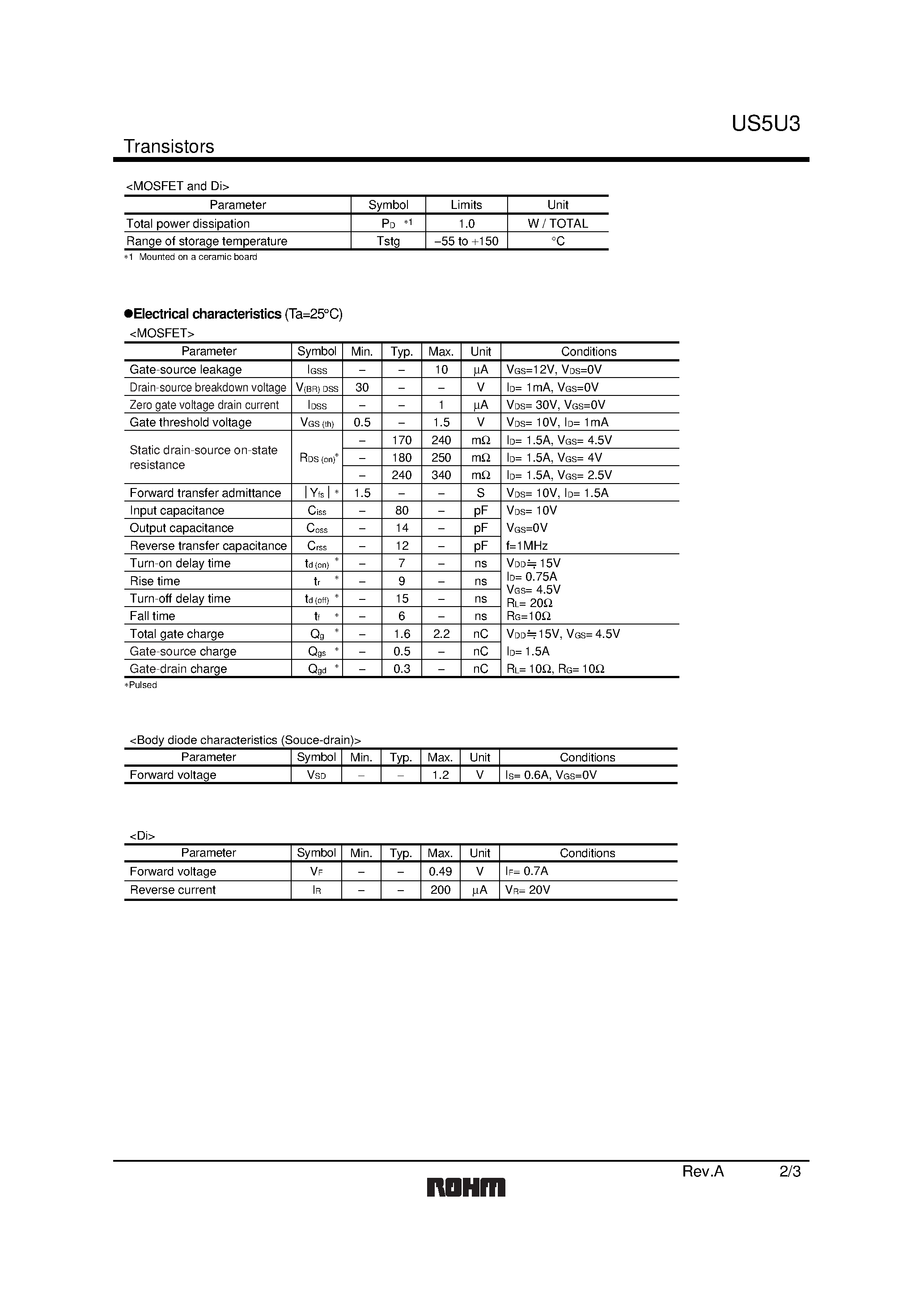 Даташит US5U3 - 2.5V Drive Nch+SBD MOSFET страница 2