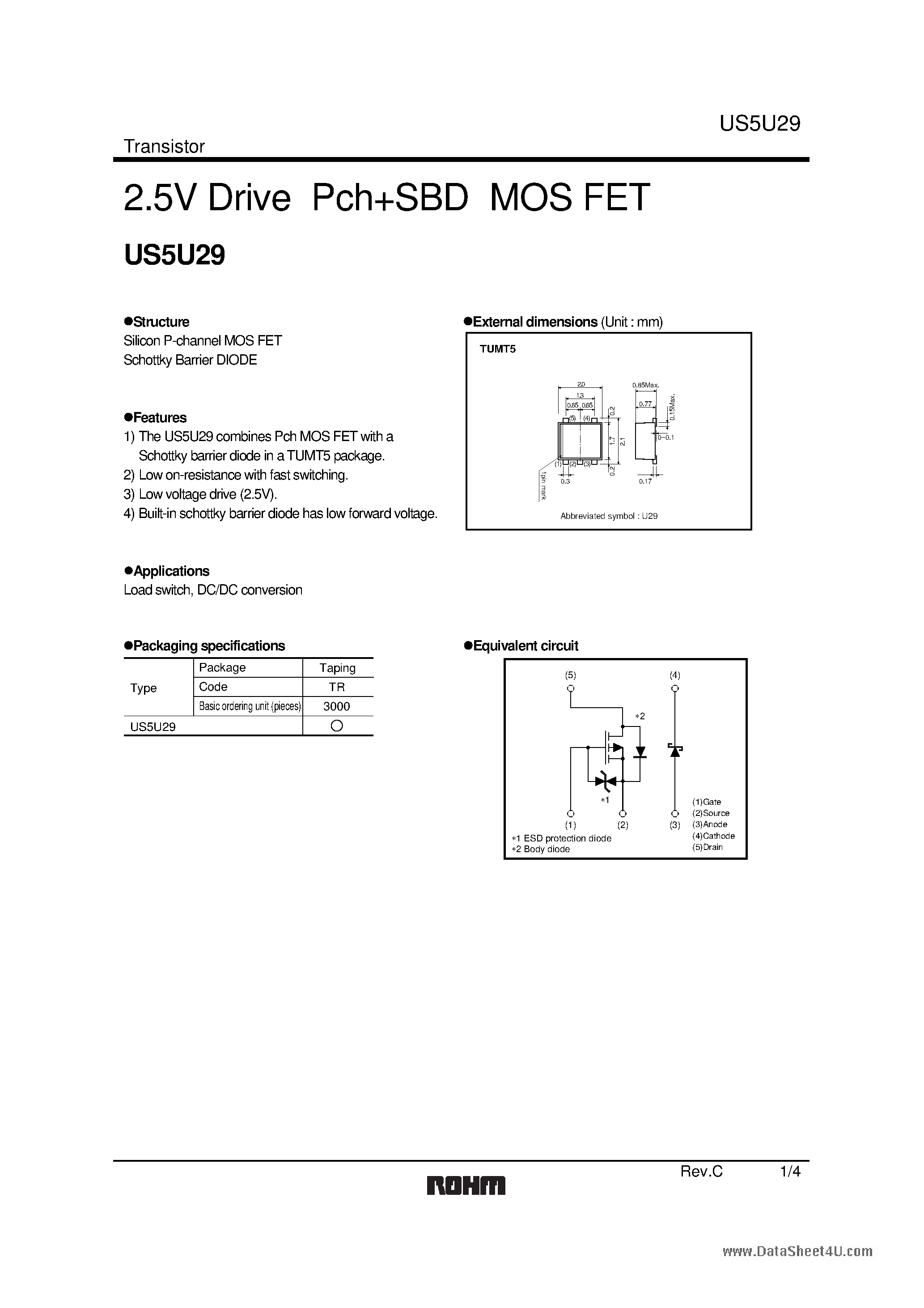 Даташит US5U29 - 2.5V Drive Pch+SBD MOS FET страница 1