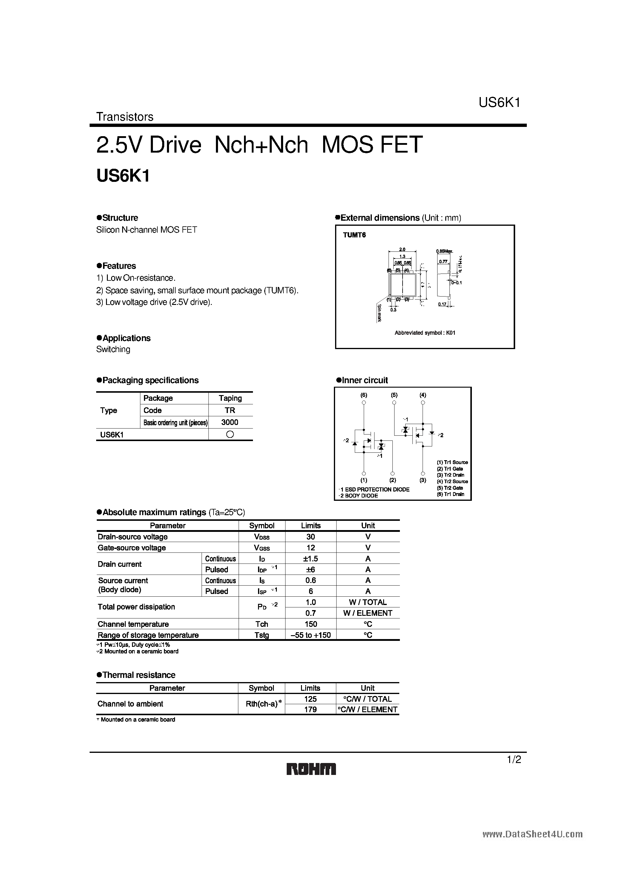 Даташит US6K1 - 2.5V Drive Nch+Nch MOS FET страница 1