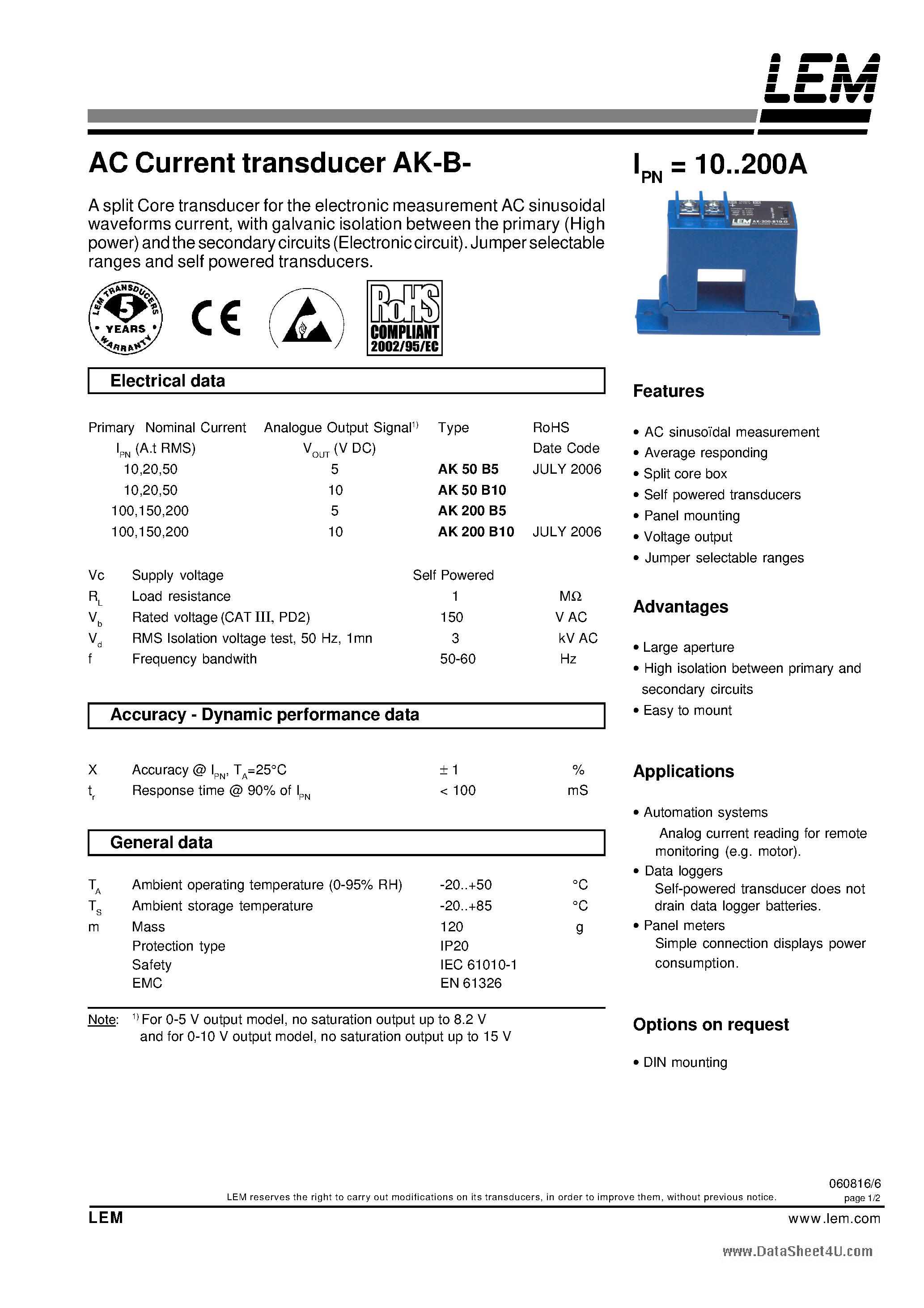 Datasheet AK-B- - AC Current transducer page 1