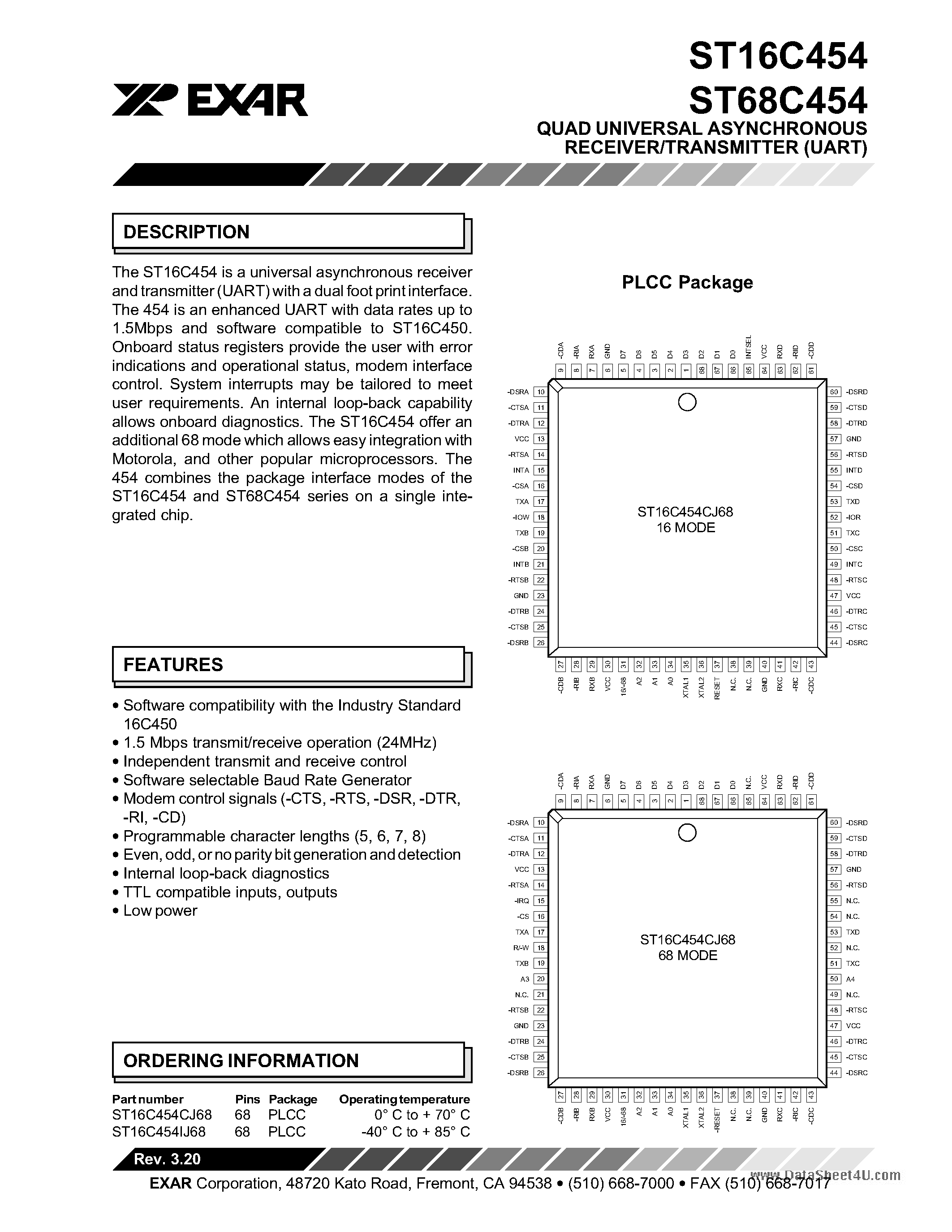 Даташит ST68C454 - (ST68C454 / ST68C554) QUAD UNIVERSAL ASYNCHRONOUS RECEIVER/TRANSMITTER страница 1