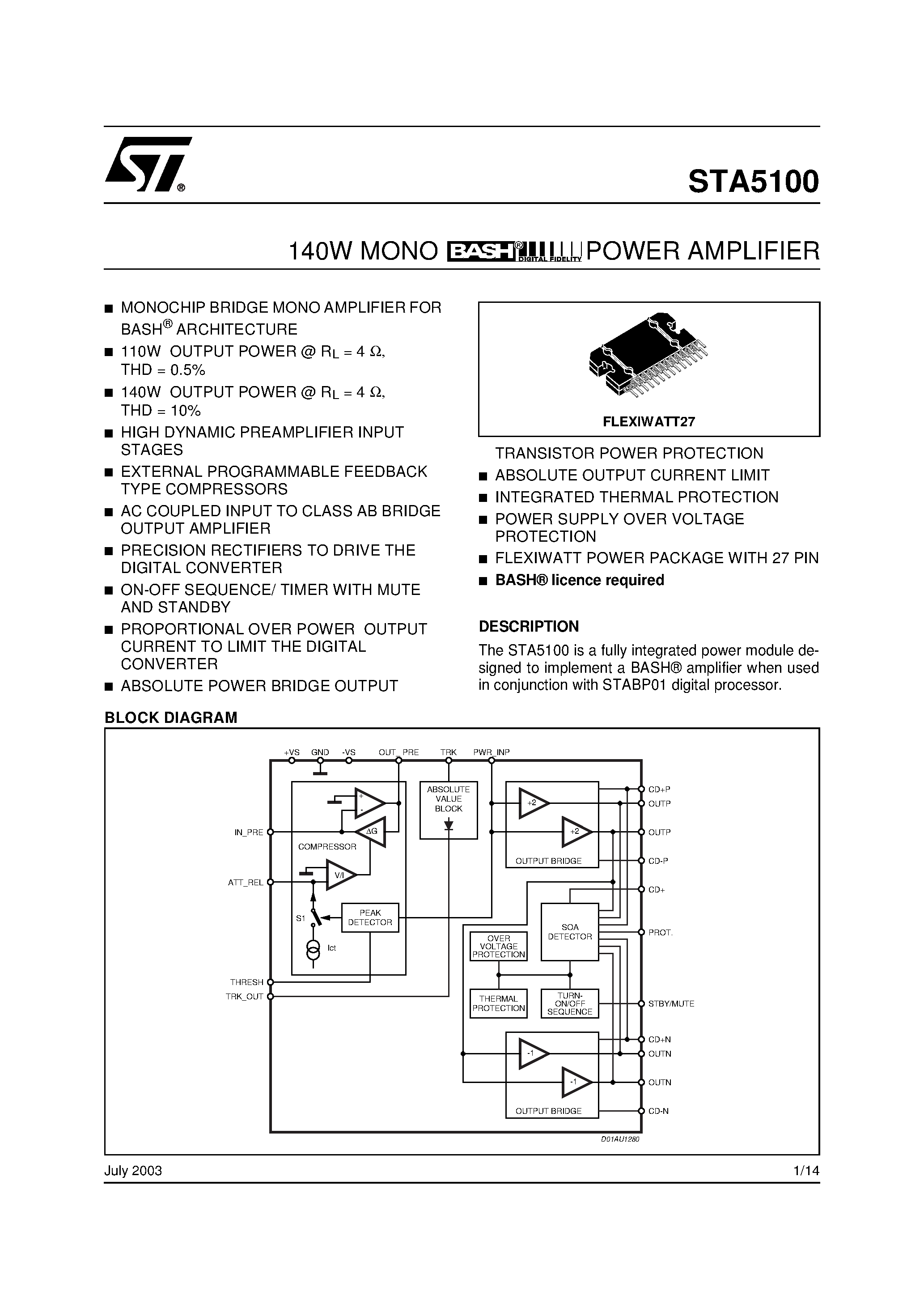 Даташит STA5100 - 140W MONO BASH POWER AMPLIFIER страница 1