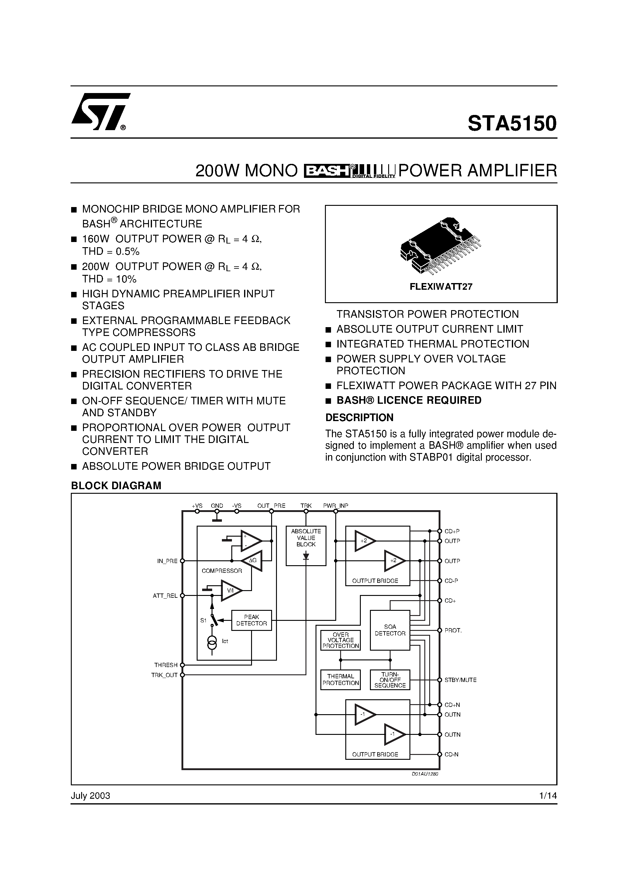 Даташит STA5150 - 200W MONO BASH POWER AMPLIFIER страница 1