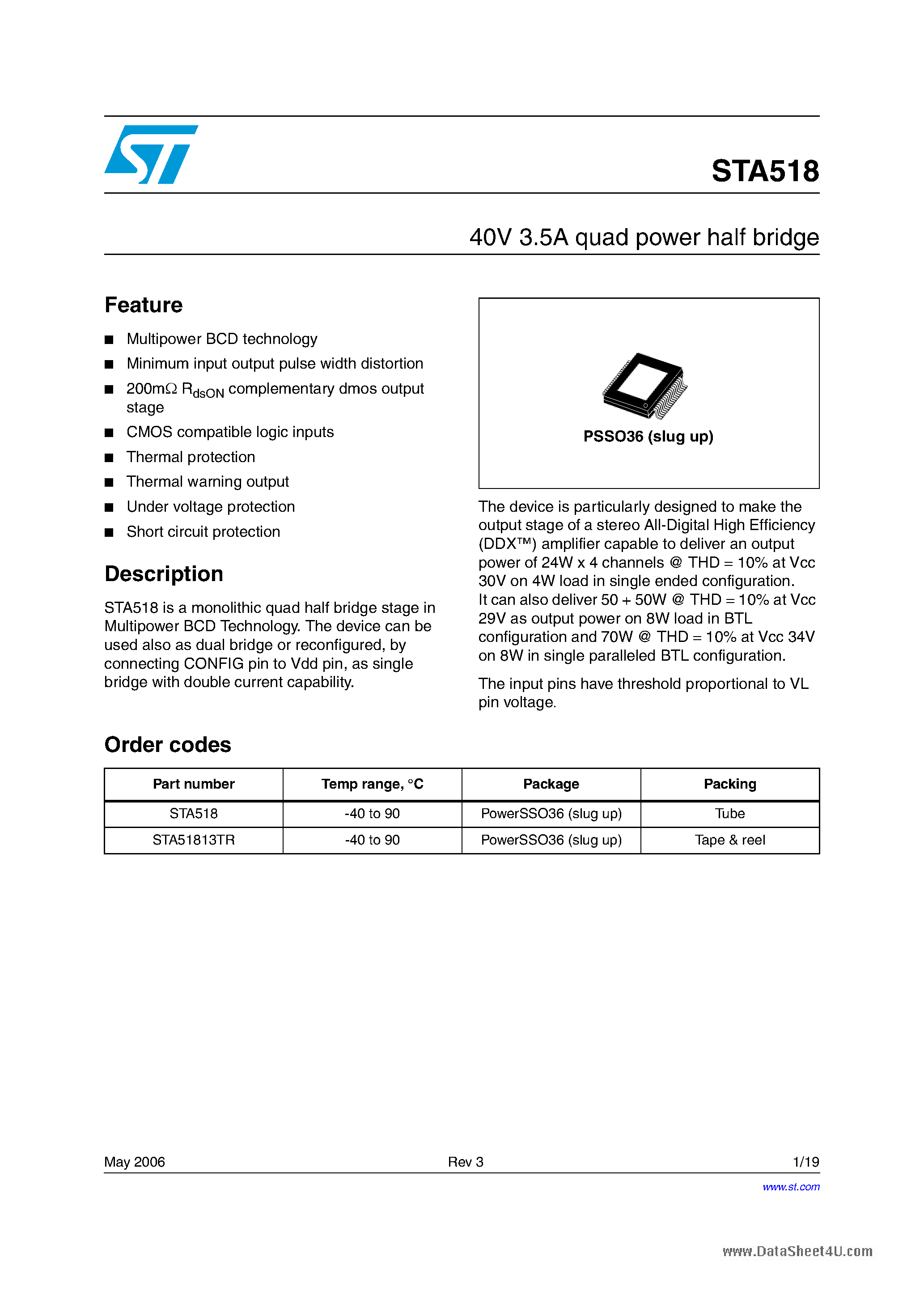 Даташит STA518 - 40V 3.5A quad power half bridge страница 1