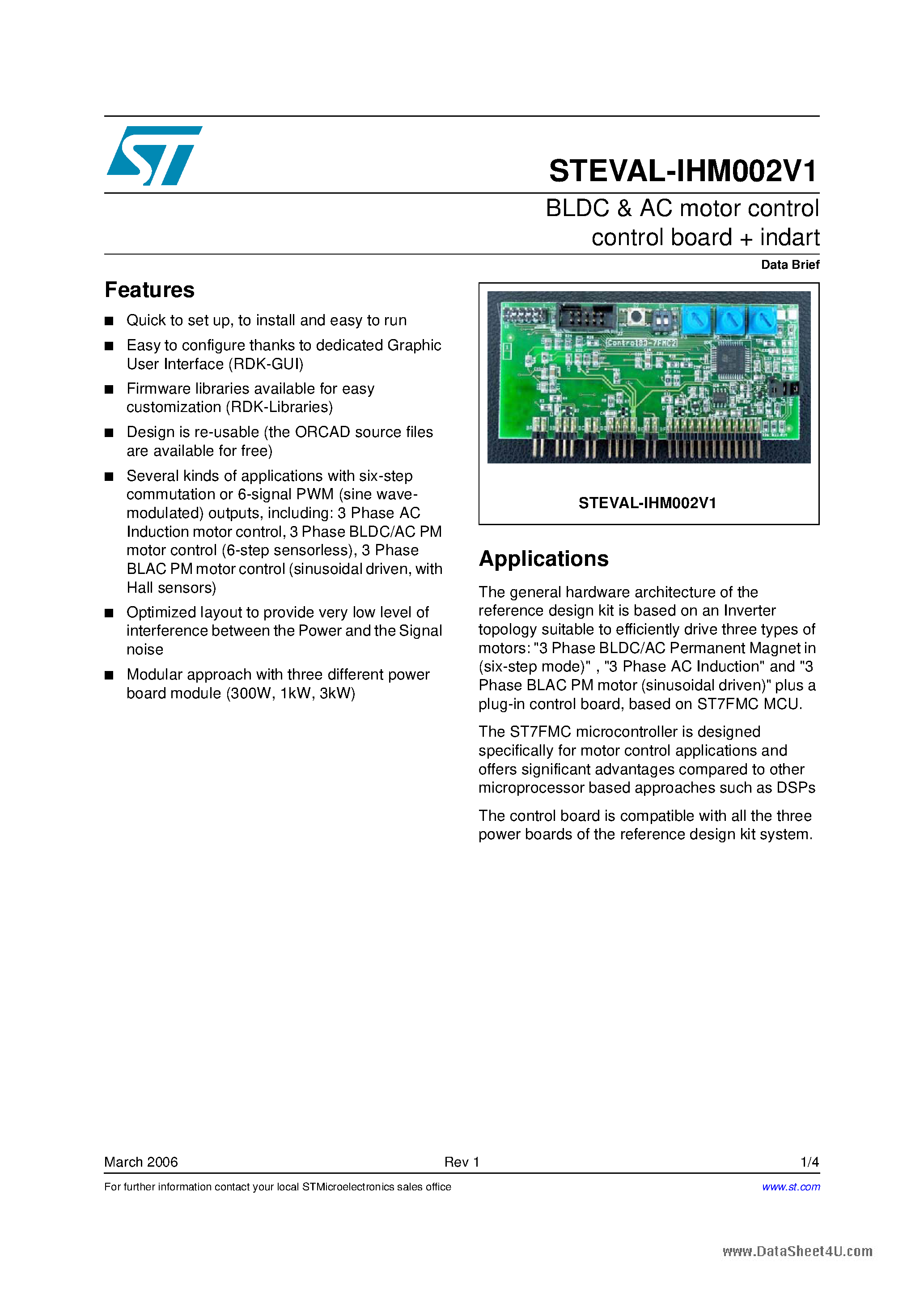 Даташит STEVAL-IHM002V1 - BLDC & AC motor control control board + indart страница 1