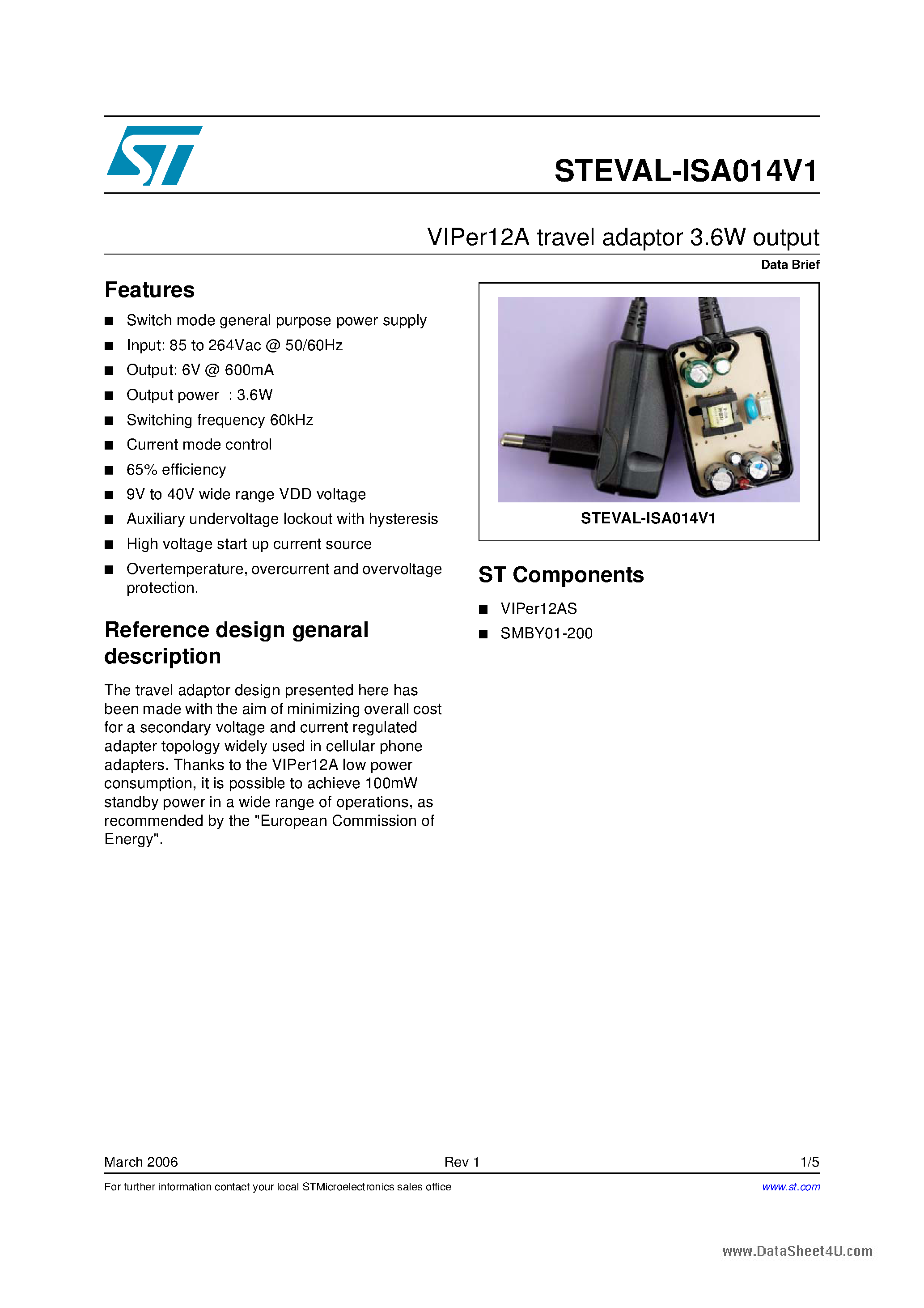 Даташит STEVAL-ISA014V1 - VIPer12A travel adaptor 3.6W output страница 1