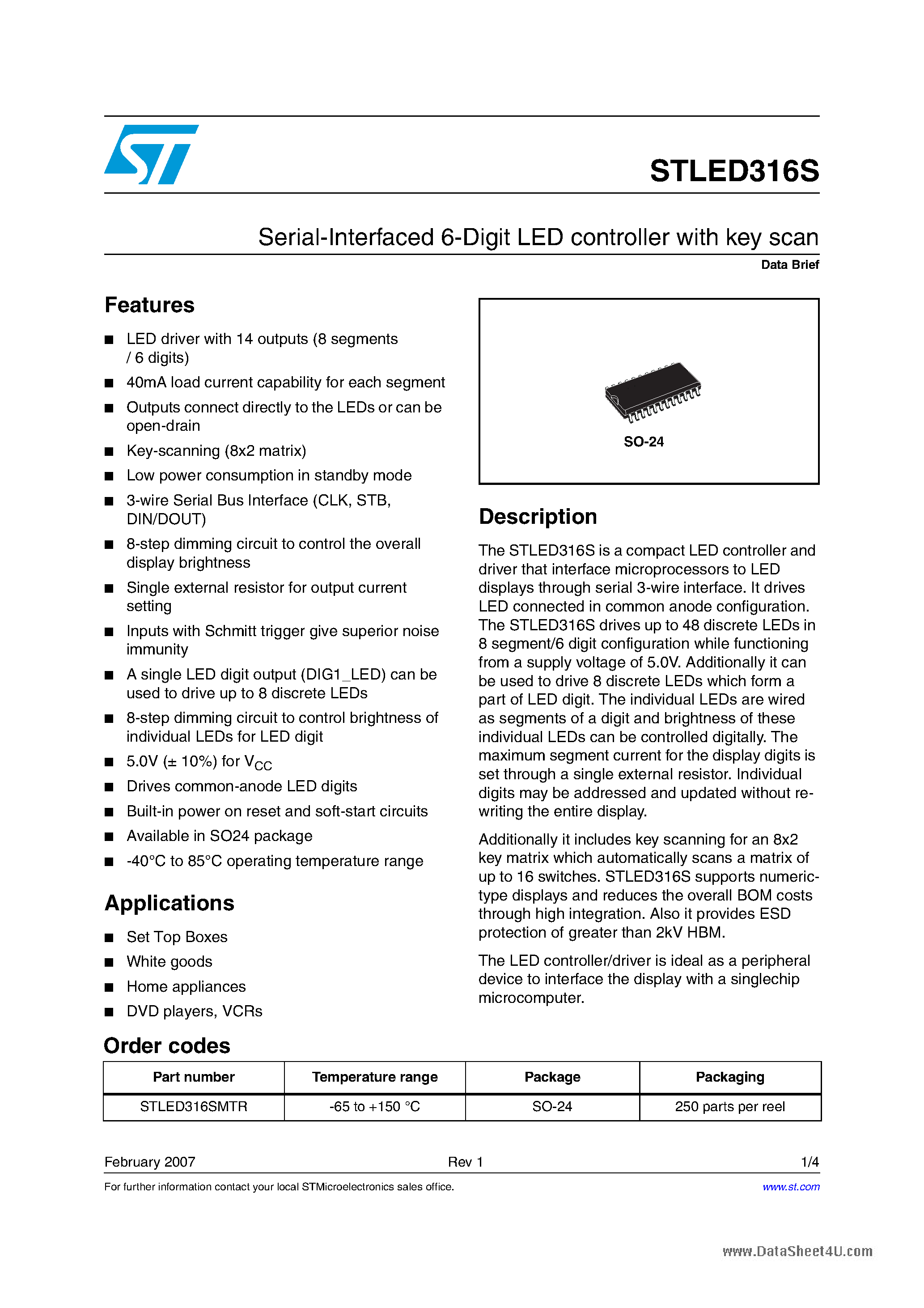 Даташит STLED316S - Serial-Interfaced 6-Digit LED controller страница 1