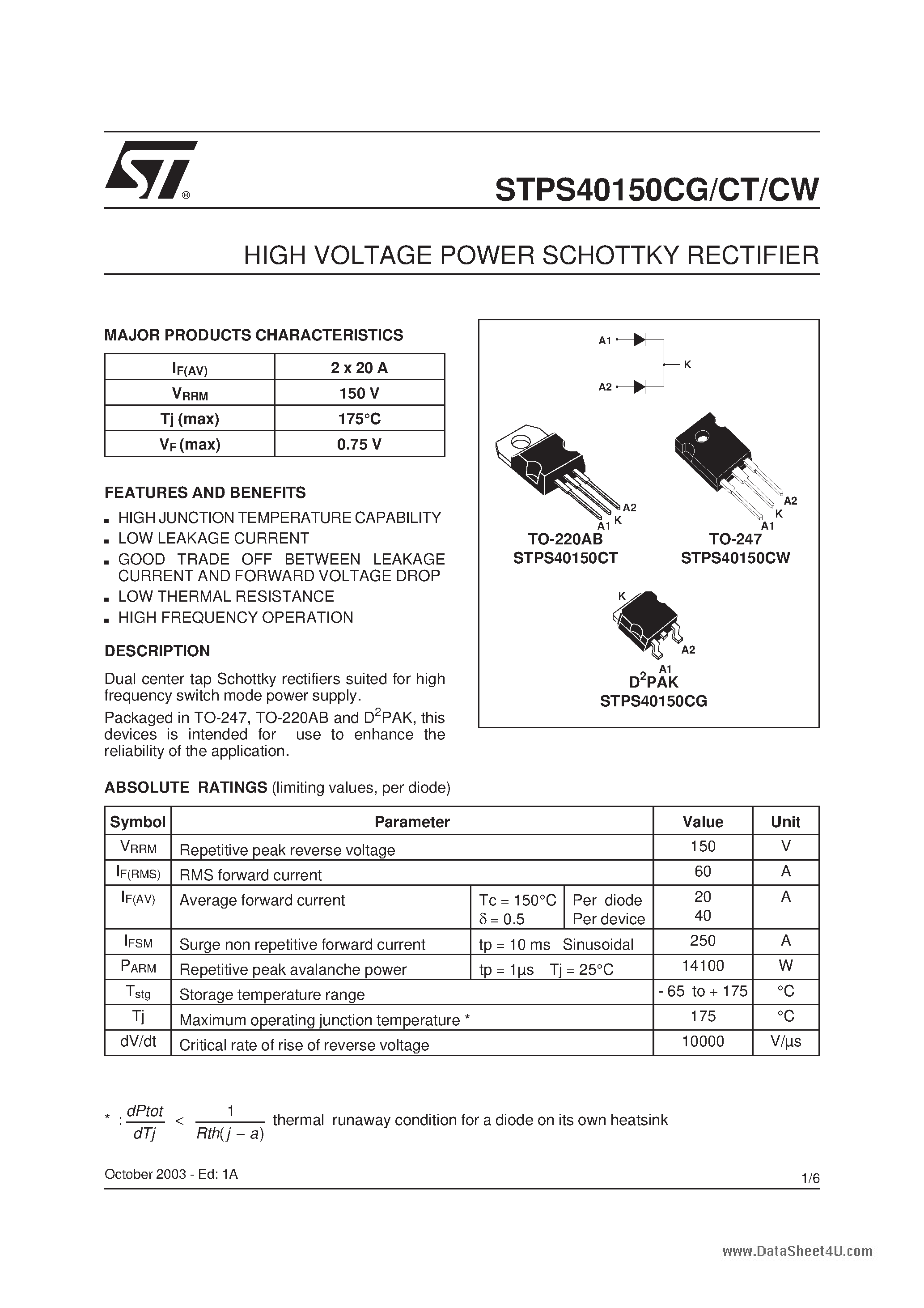 Datasheet STPS40150CG - (STPS40150Cx) HIGH VOLTAGE POWER SCHOTTKY RECTIFIER page 1