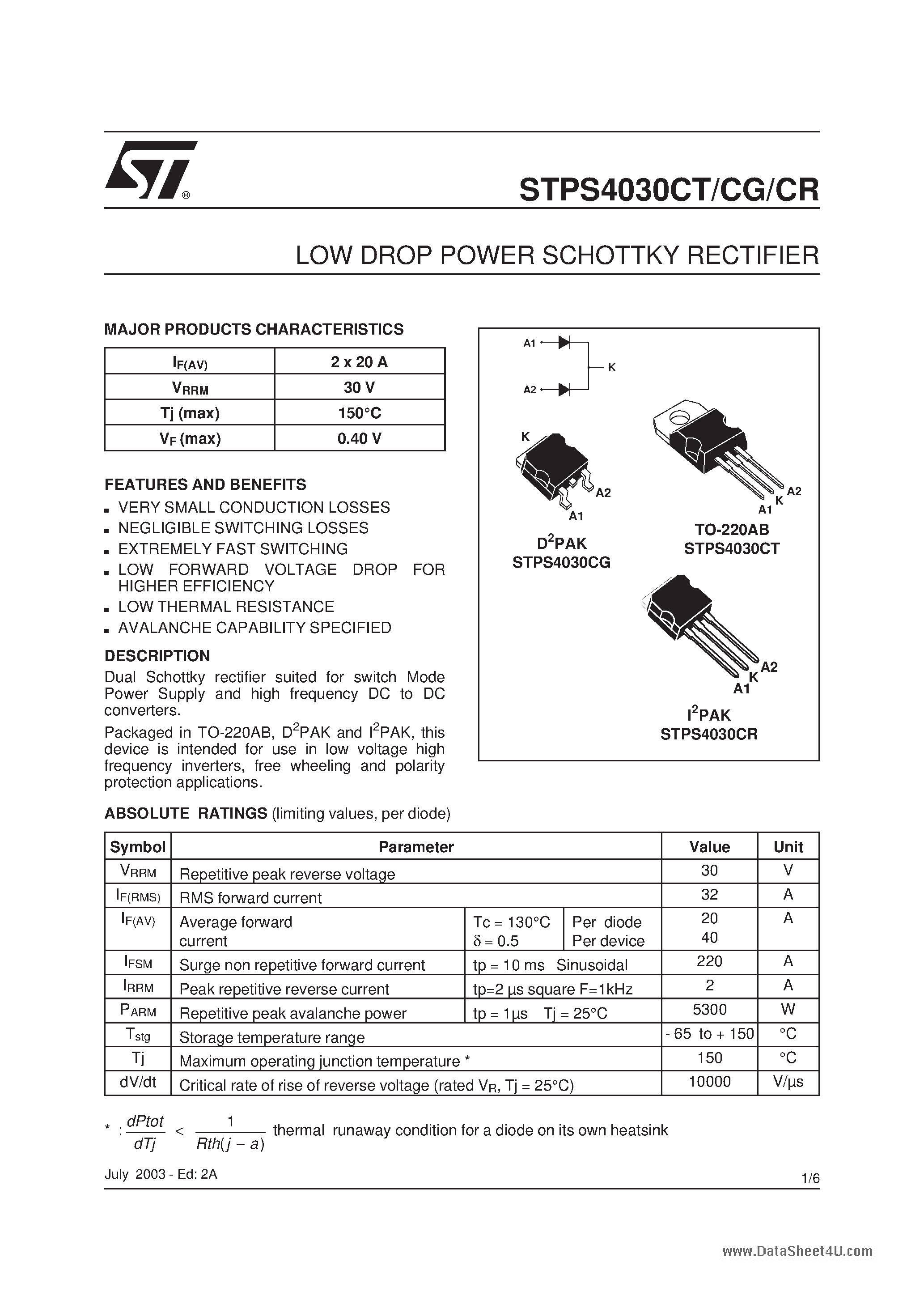 Datasheet STPS4030CG - (STPS4030Cx) LOW DROP POWER SCHOTTKY RECTIFIER page 1