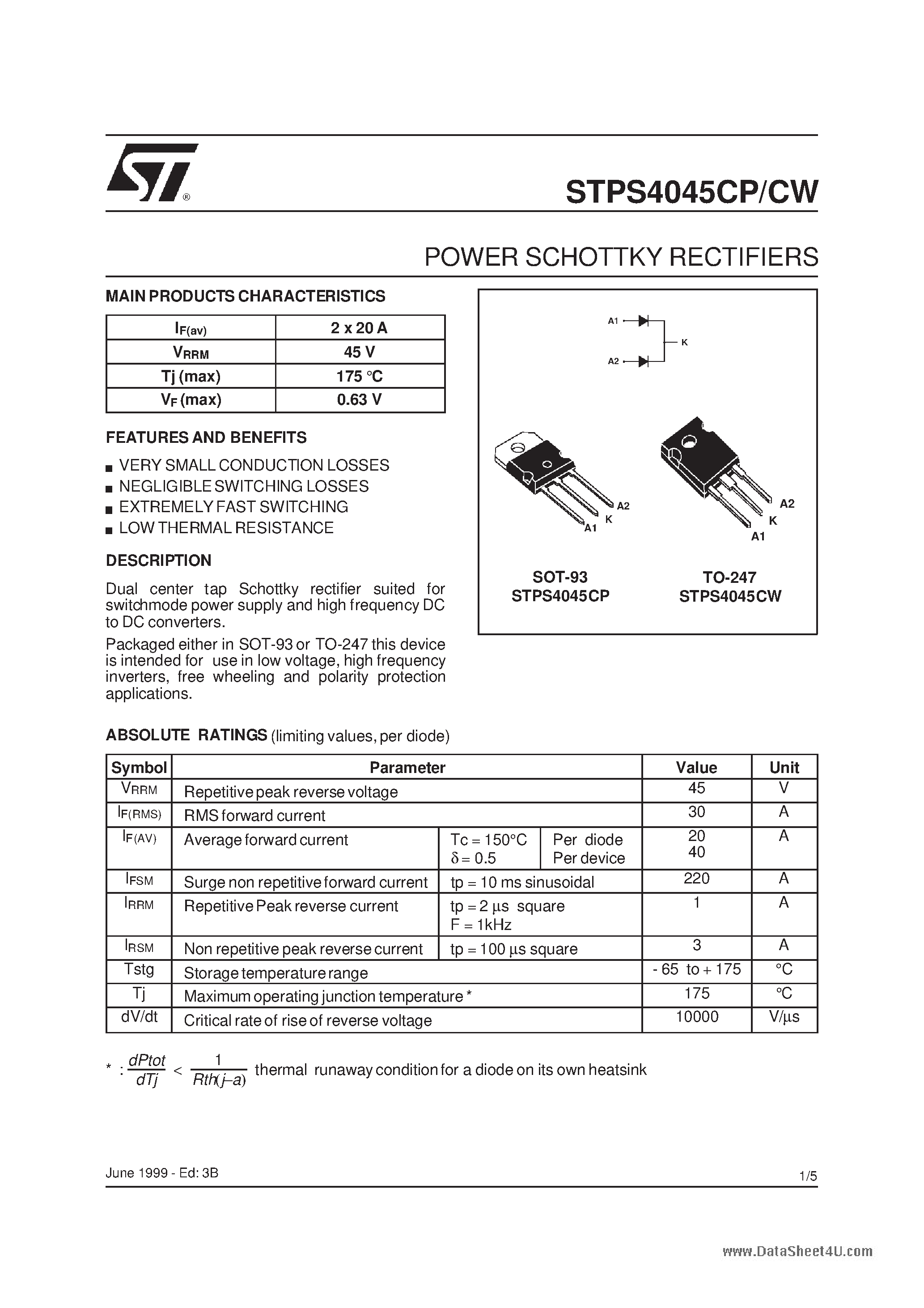 Datasheet STPS4045CP - (STPS4045CP/CW) POWER SCHOTTKY RECTIFIERS page 1