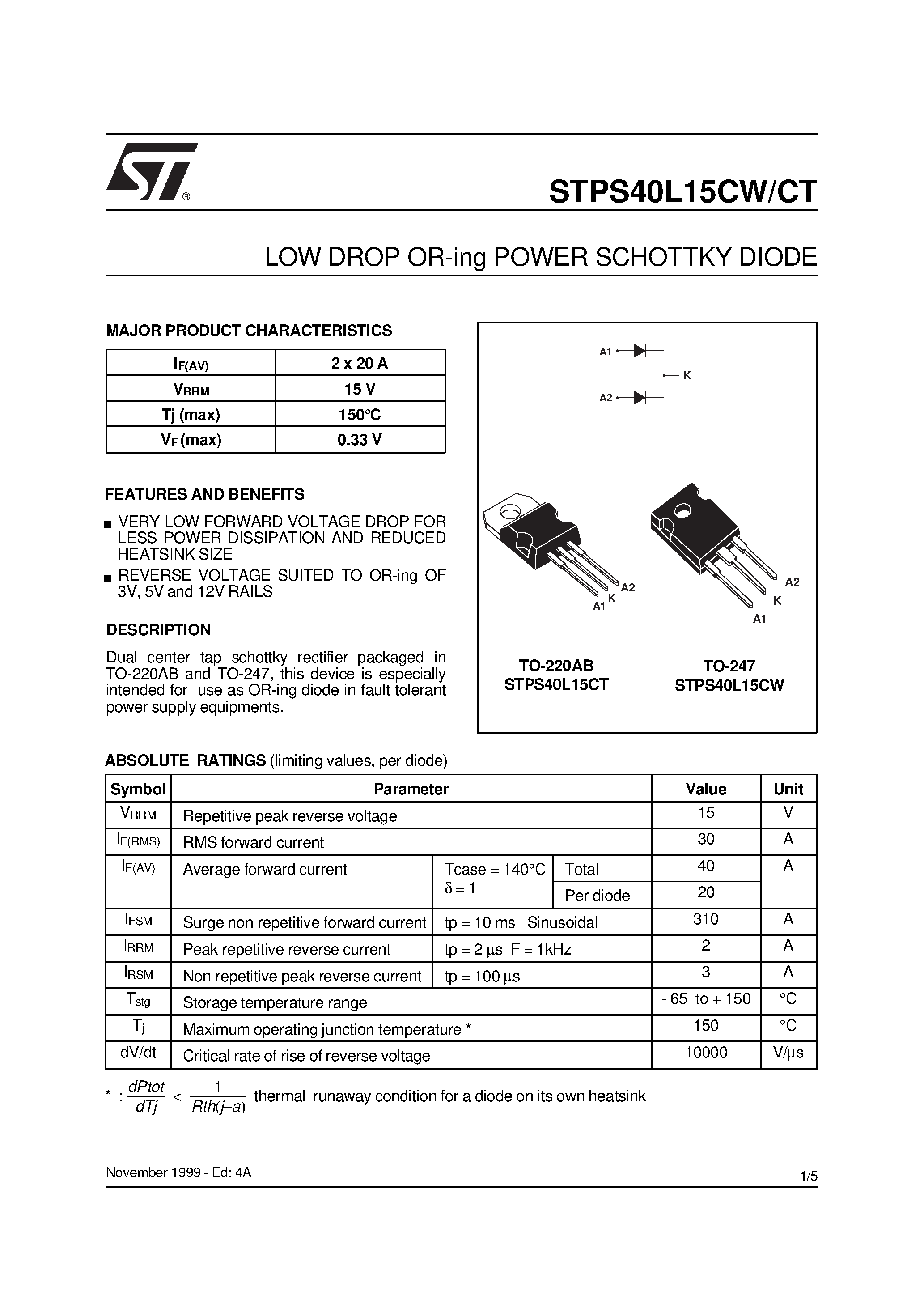 Datasheet STPS40L15CT - (STPS40L15CT/CW) LOW DROP OR-ing POWER SCHOTTKY DIODE page 1