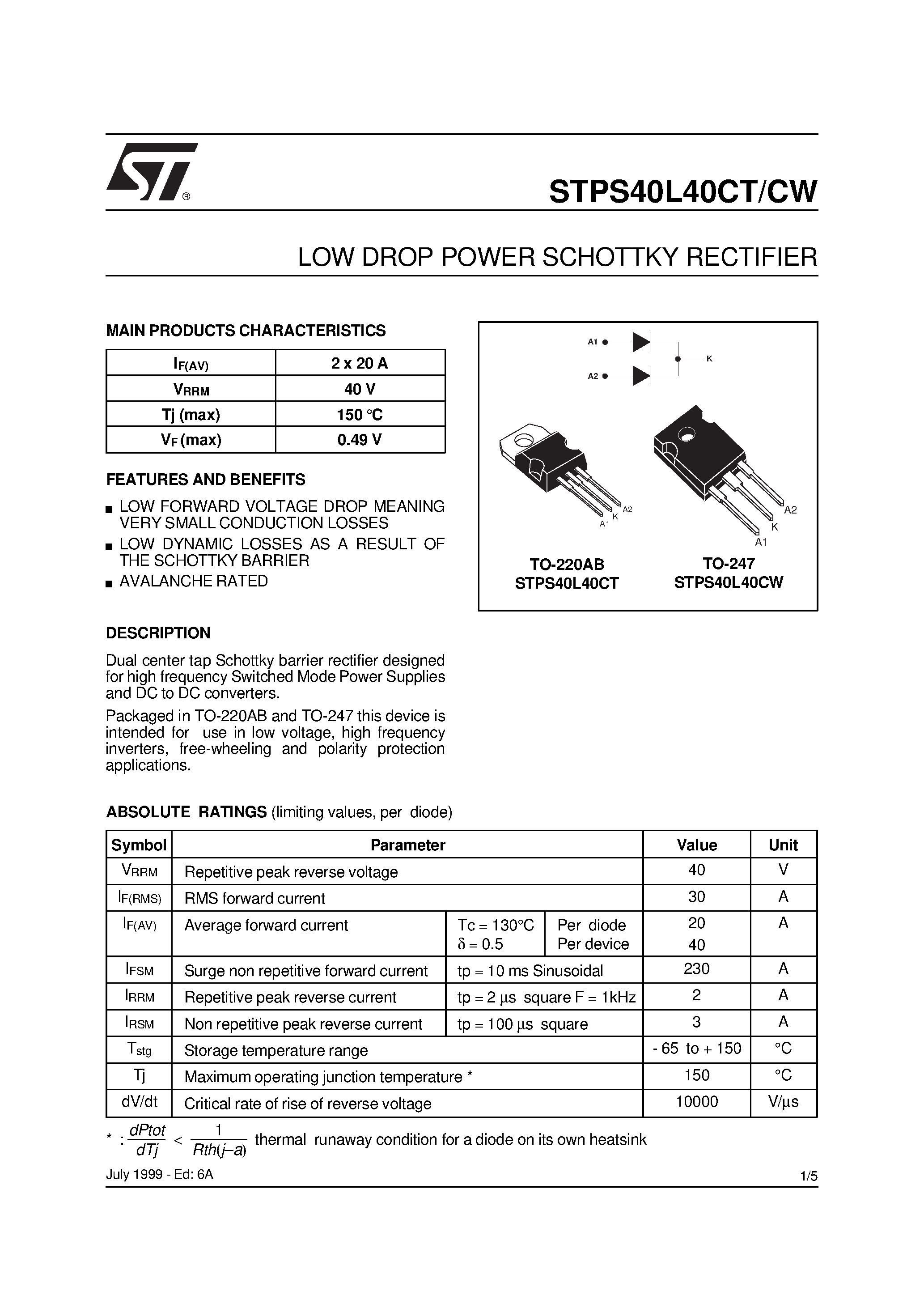 Datasheet STPS40L40CT - (STPS40L40CT/CW) LOW DROP POWER SCHOTTKY RECTIFIER page 1