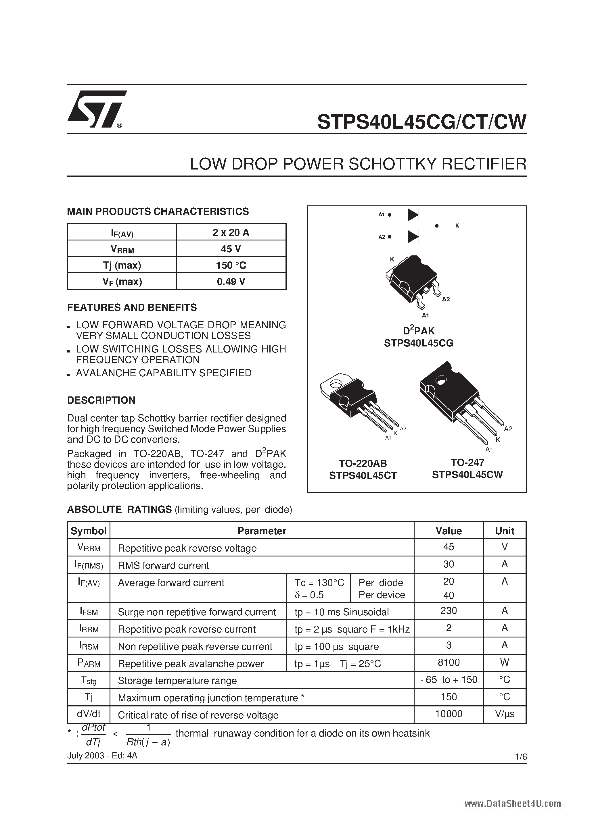 Datasheet STPS40L45CG - (STPS40L45Cx) LOW DROP POWER SCHOTTKY RECTIFIER page 1