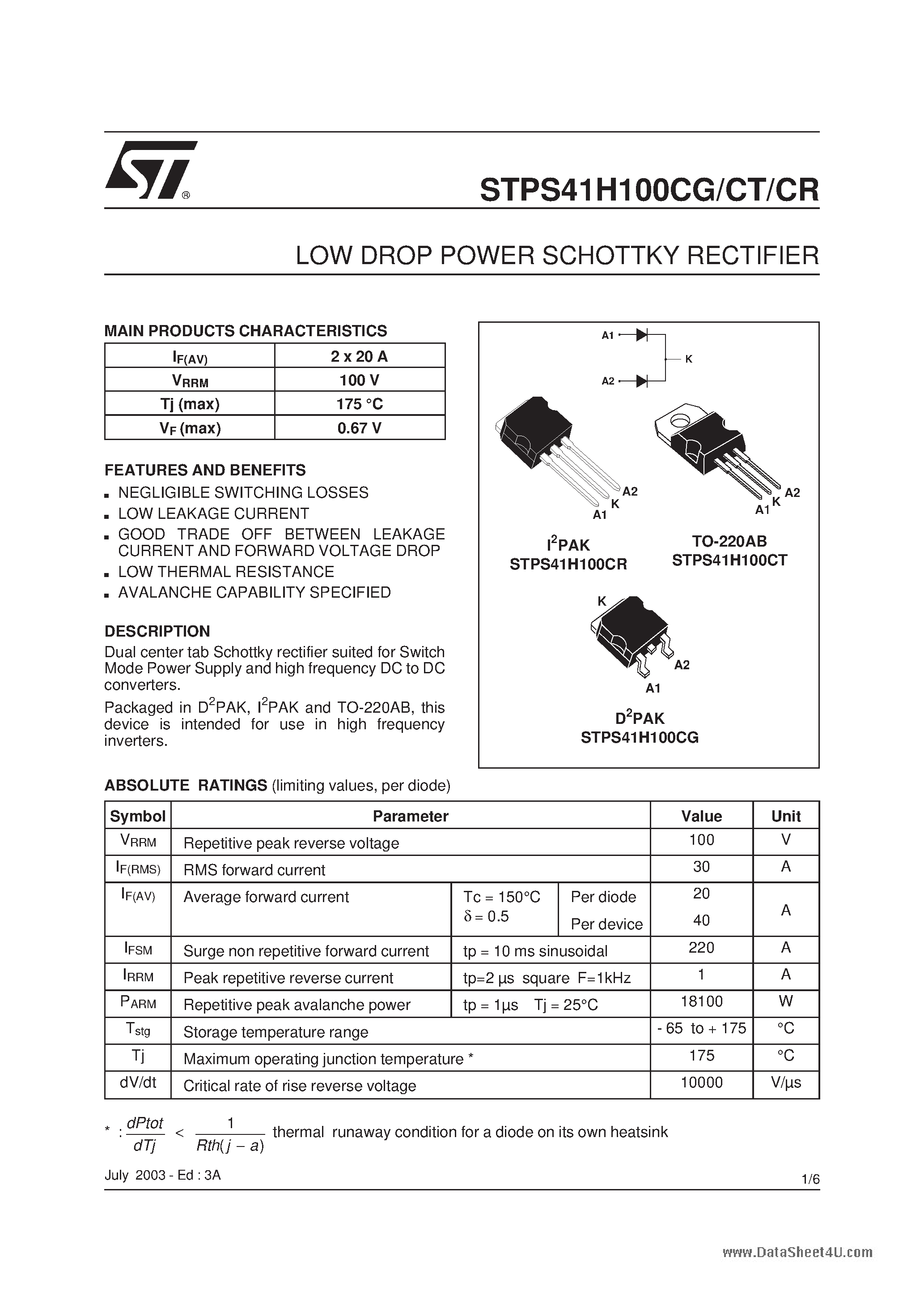 Datasheet STPS41H100CG - (STPS41H100Cx) LOW DROP POWER SCHOTTKY RECTIFIER page 1