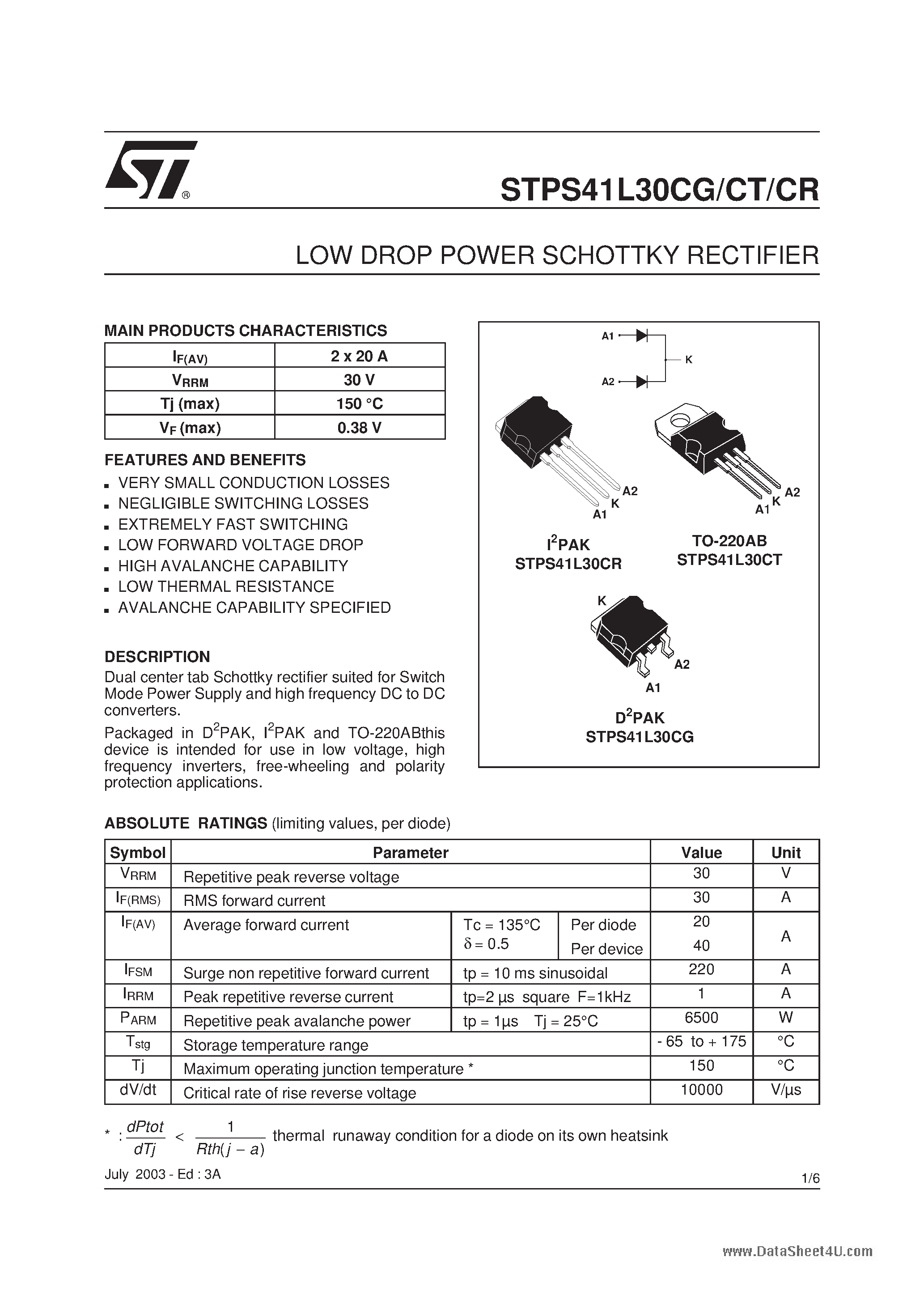 Datasheet STPS41L30CG - (STPS41L30Cx) LOW DROP POWER SCHOTTKY RECTIFIER page 1