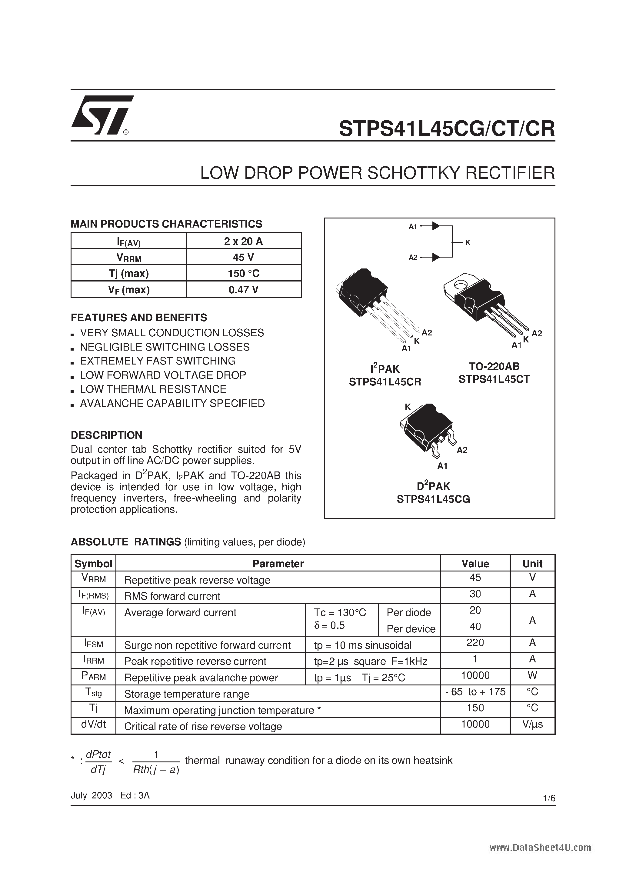 Datasheet STPS41L45CG - (STPS41L45Cx) LOW DROP POWER SCHOTTKY RECTIFIER page 1